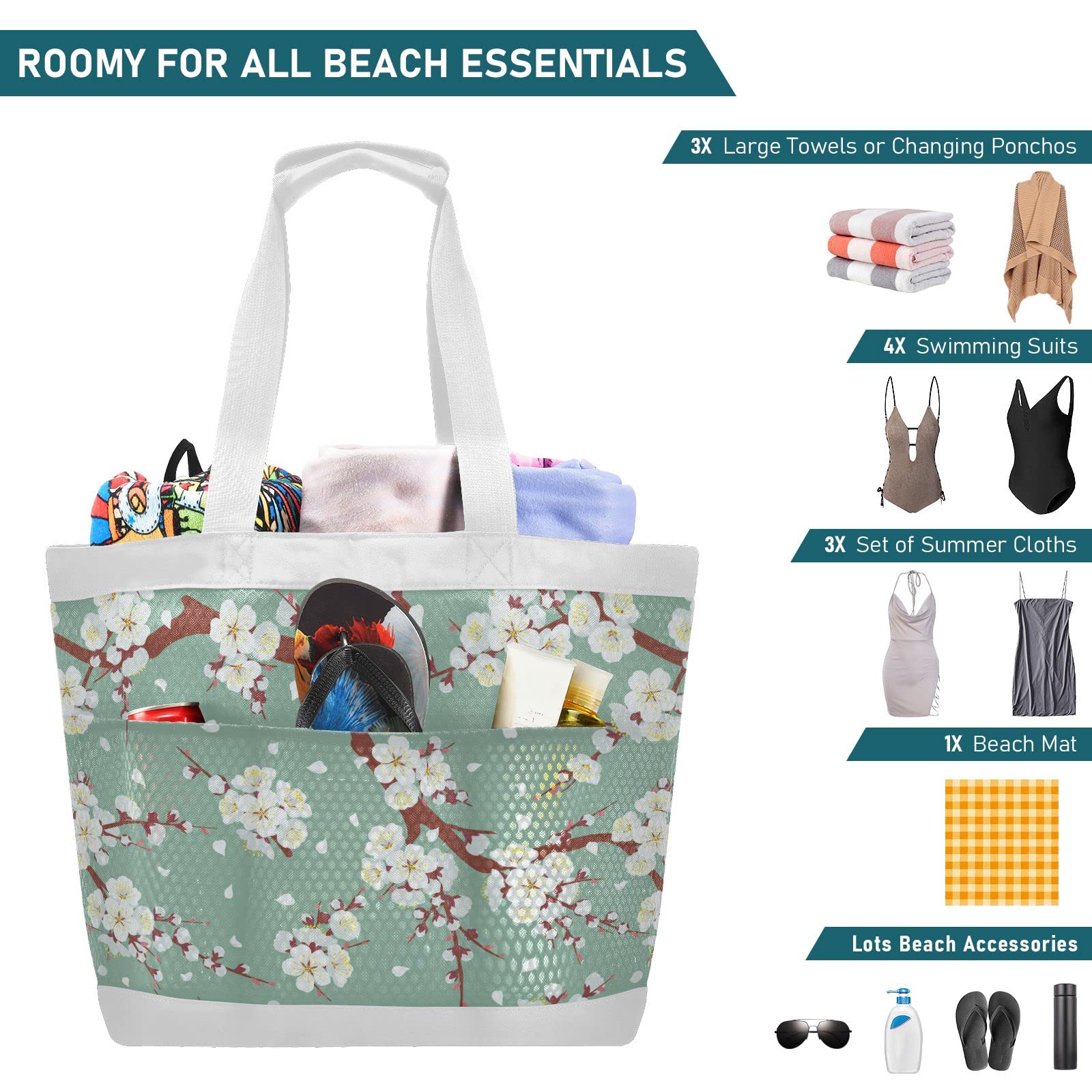 J JOYSAY Large Mesh Beach Tote Bag for Women - Flowering Tree Branches Design, Waterproof Pool Shoulder Bag, Perfect for Vacation Essentials, Beach Trips, Pool Parties & Summer Getaways