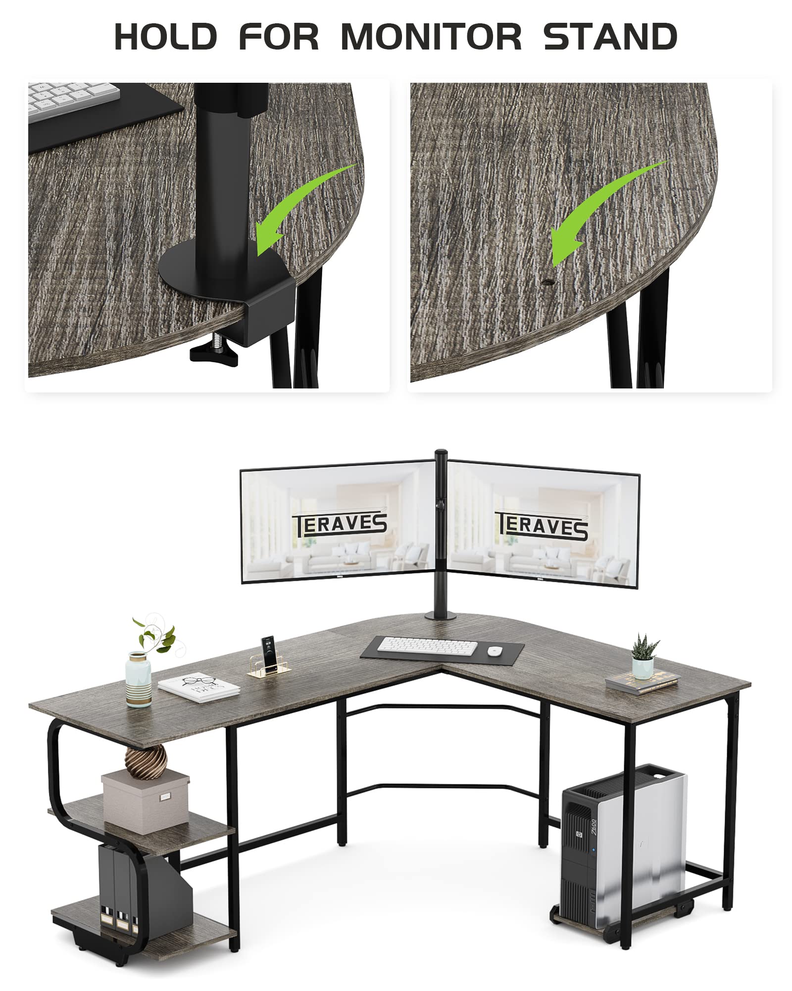 Teraves 69 Inch Reversible L-Shaped Desk with Large Surface & Storage Shelves - Sturdy Corner Computer Desk for Home Office, Gaming & Workstation | Perfect for Small Spaces & Multi-Monitor Setups