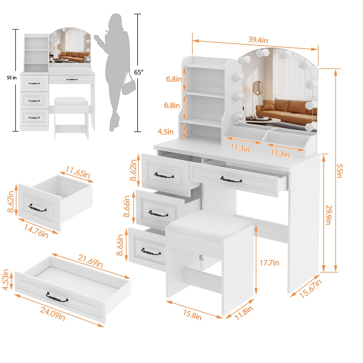 Vabches Makeup Vanity Desk with LED Lights & 4 Drawers - White Dressing Table with Large Storage (39.4 Inch), 3 Color Lighting Modes - Perfect for Bedroom, Dressing Room & Beauty Salon
