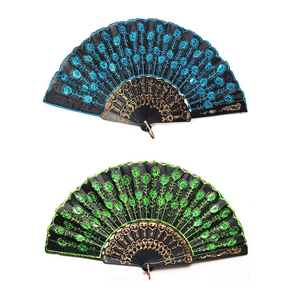 Dusenly 2 Pack Fashion Peacock Folding Hand Fan with Sequins Flower Design - Elegant Handheld Fan for Women & Girls - Perfect for Weddings, Parties, Summer Cooling & Costume Accessories