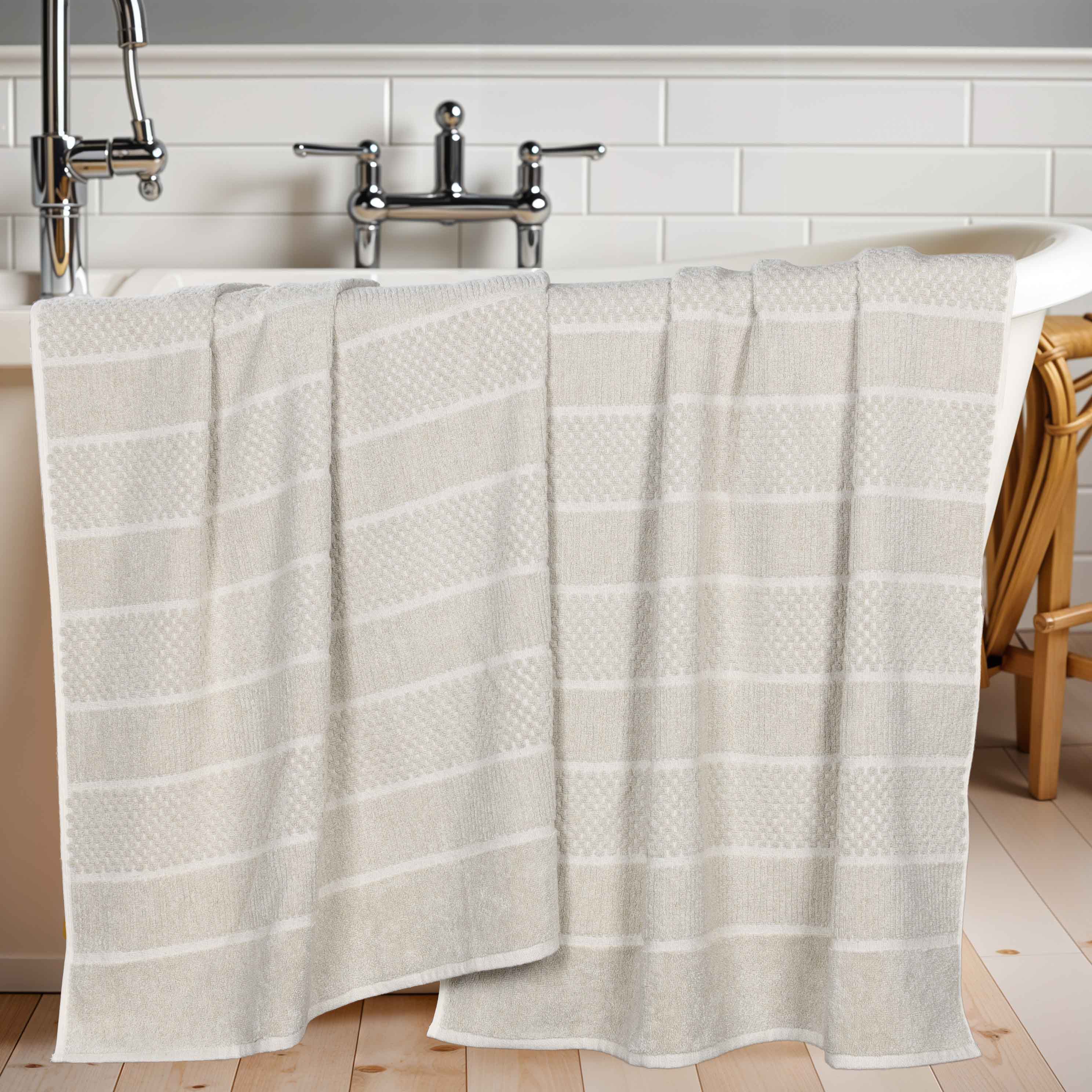 Soft Naples Cotton Blend Checkered & Ribbed Bath Towels Set of 2 - Extra Large Absorbent Bath Sheets for Spa, Beach & Luxury Bathroom