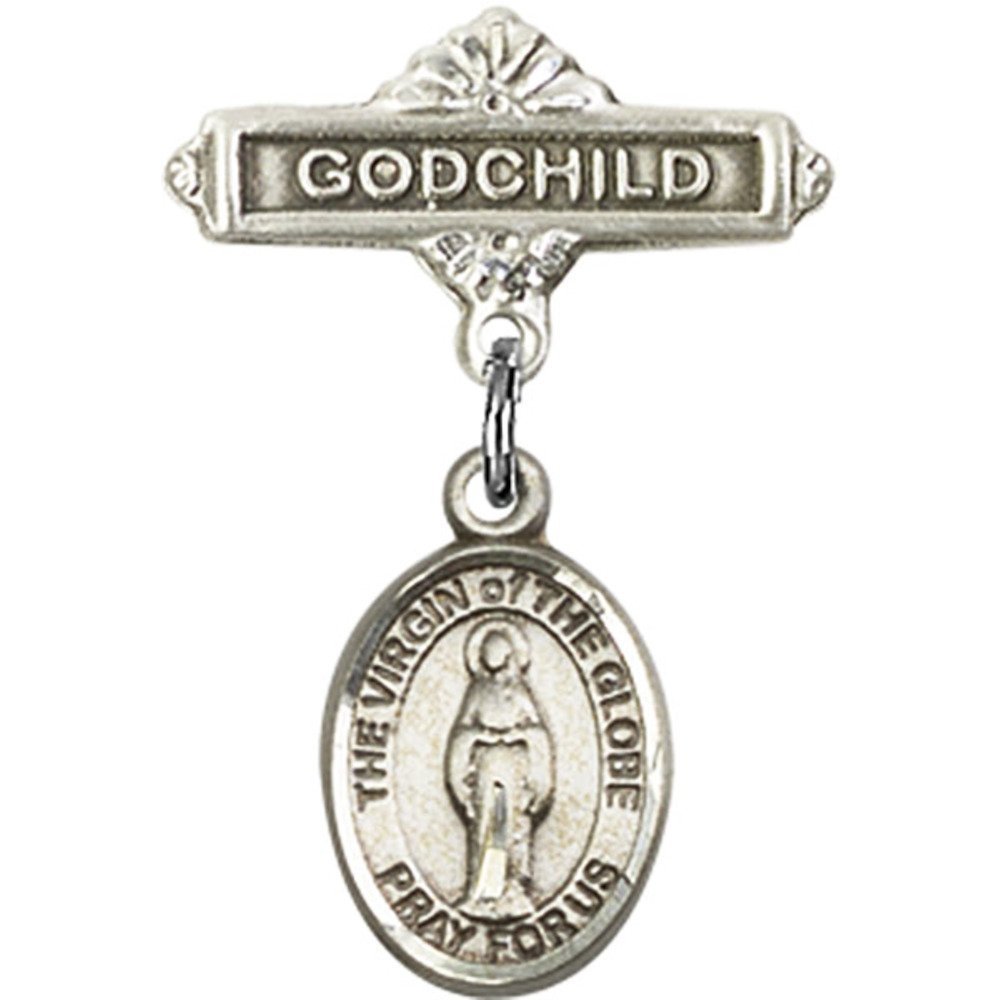 Sterling Silver Baby Badge with Virgin of The Globe Charm & Godchild Pin - 1 X 5/8 Inch - Perfect for Christenings, Baptisms & Special Occasions