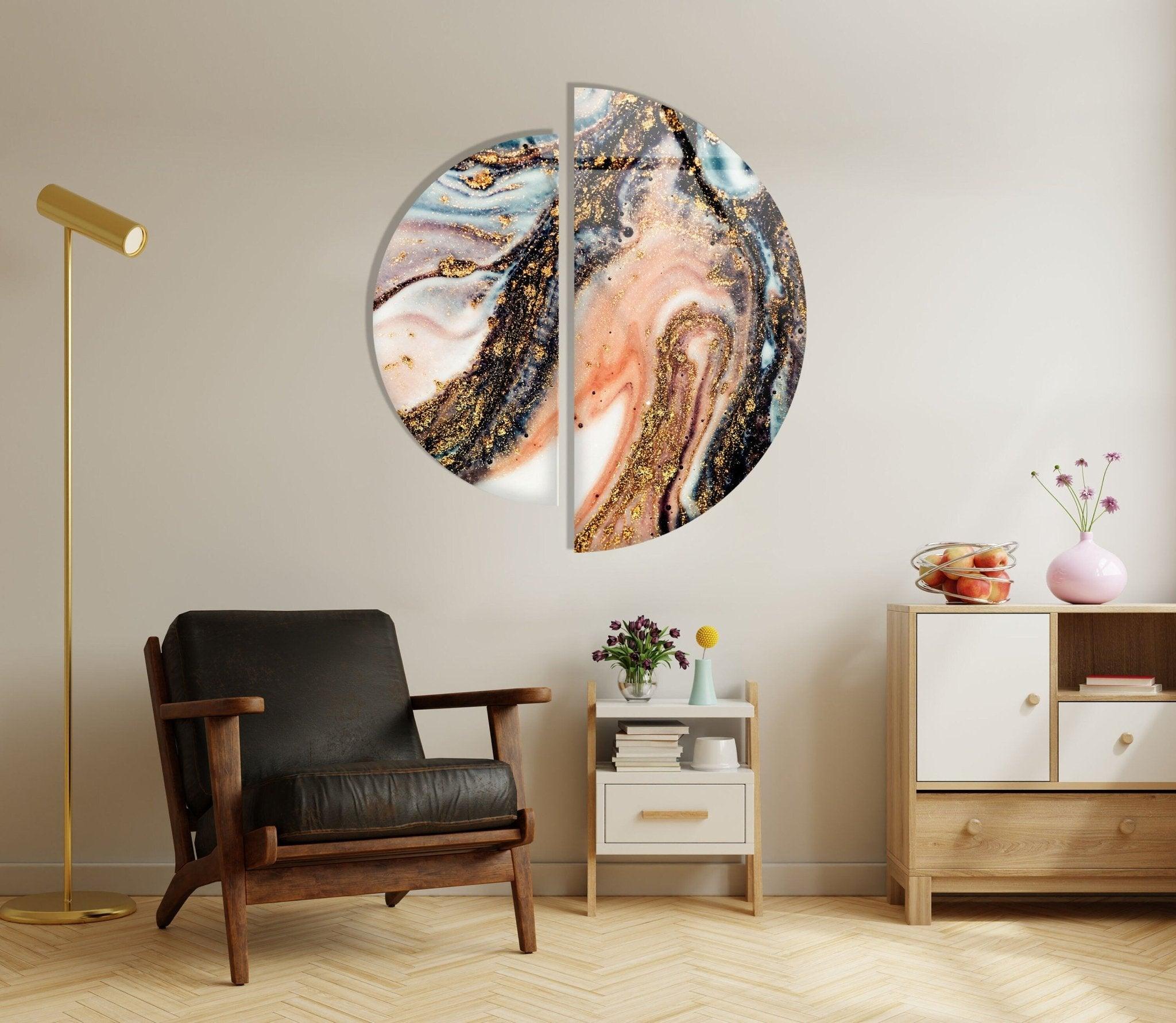 2 Piece Golden Fractal Glass Wall Art Set - Modern Abstract Geometric Decor for Living Room, Bedroom & Office - Handmade 3D Glass Panel Artwork for Home & Wall Decor