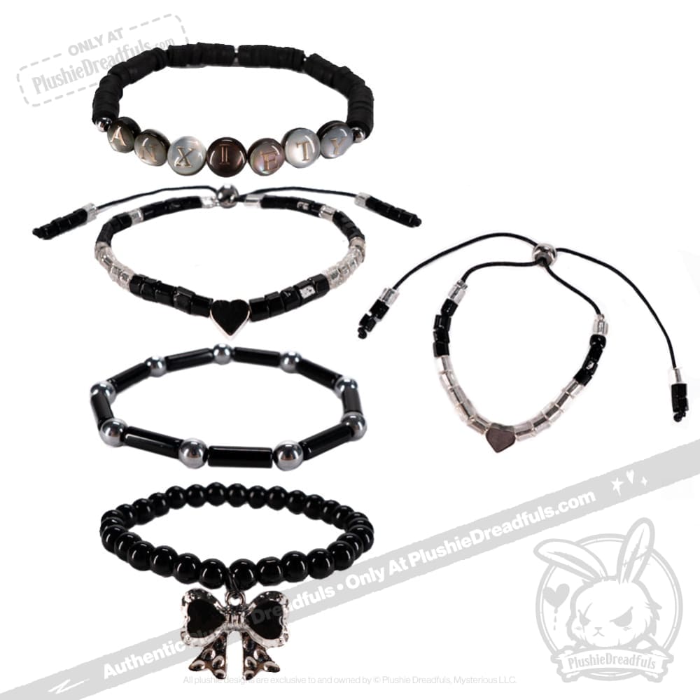 Plushie Dreadfuls Black Anxiety Rabbit Stacking Friendship Bracelet - Cute Emotional Support Jewelry for Anxiety Relief & Self-Care - Perfect for Teens, Best Friends & Mental Health Awareness Gifts