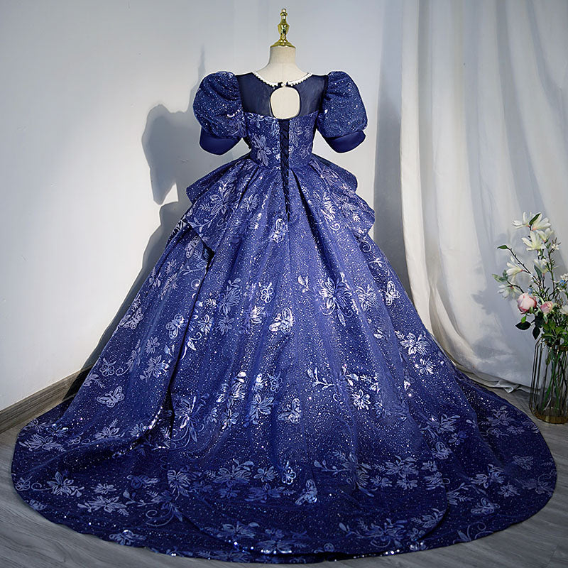 Royal Blue Sequined Flower Girl Dress with Puff Sleeves - Elegant Princess Party Dress for Weddings, Pageants & Special Occasions