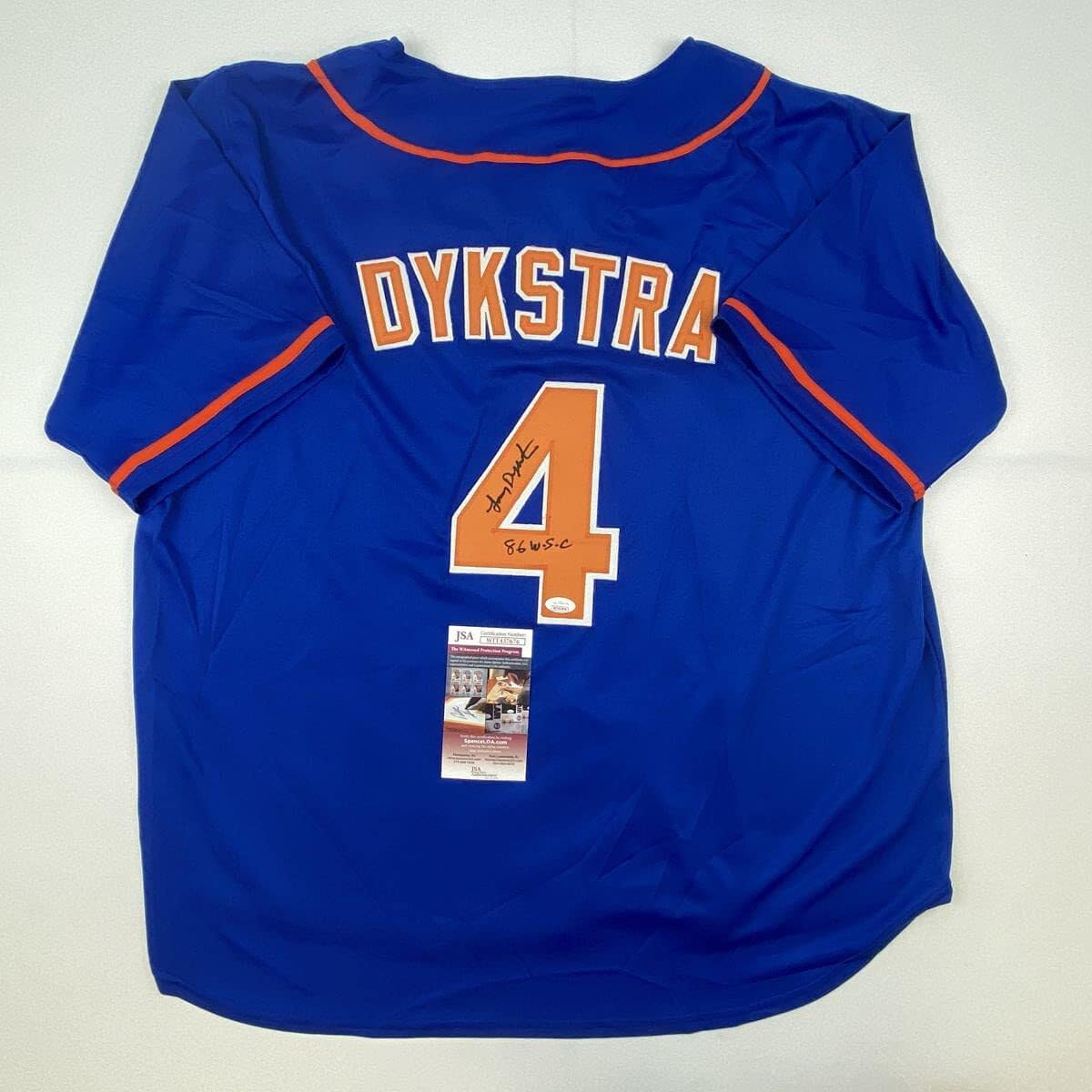 Authentic Autographed Lenny Dykstra 1986 World Series Champions New York Mets Blue Baseball Jersey with JSA COA - Perfect for Sports Memorabilia Collectors and Mets Fans Display