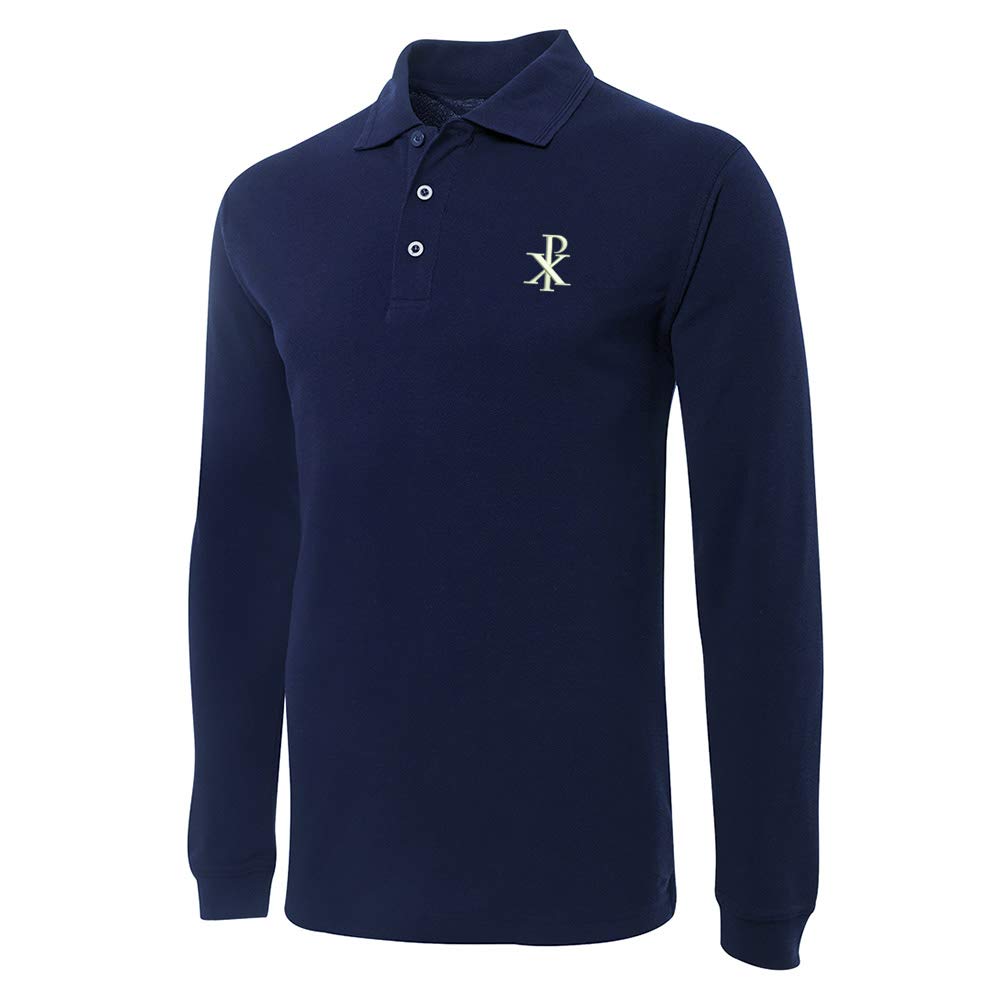Chi Rho Christian Embroidered Long Sleeve Polo Shirts for Men - Religious Apparel for Church, Bible Study & Christian Events