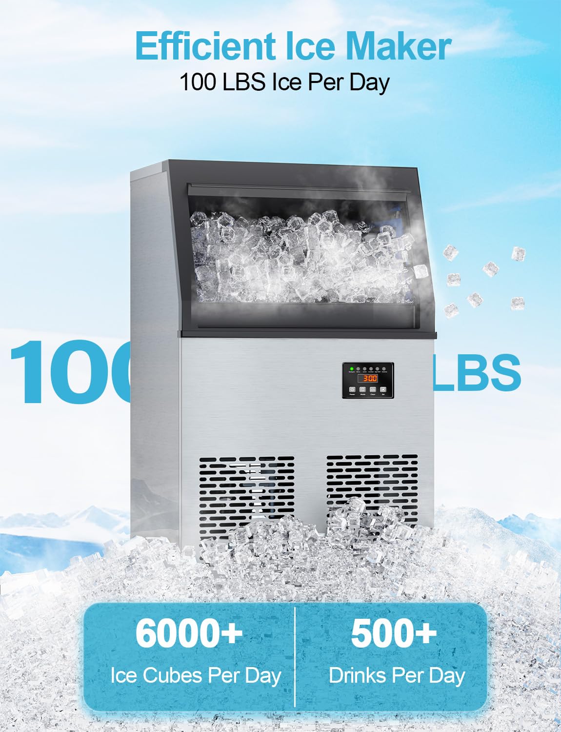 Commercial Ice Maker Machine 100lbs/24H, 34lbs Storage Capacity - Fast Ice Production (45 Cubes in 6-15 Min) - Freestanding Ice Machine for Bars, Restaurants, Offices & Home Use - Perfect for Cocktails, Beverages & Party Events