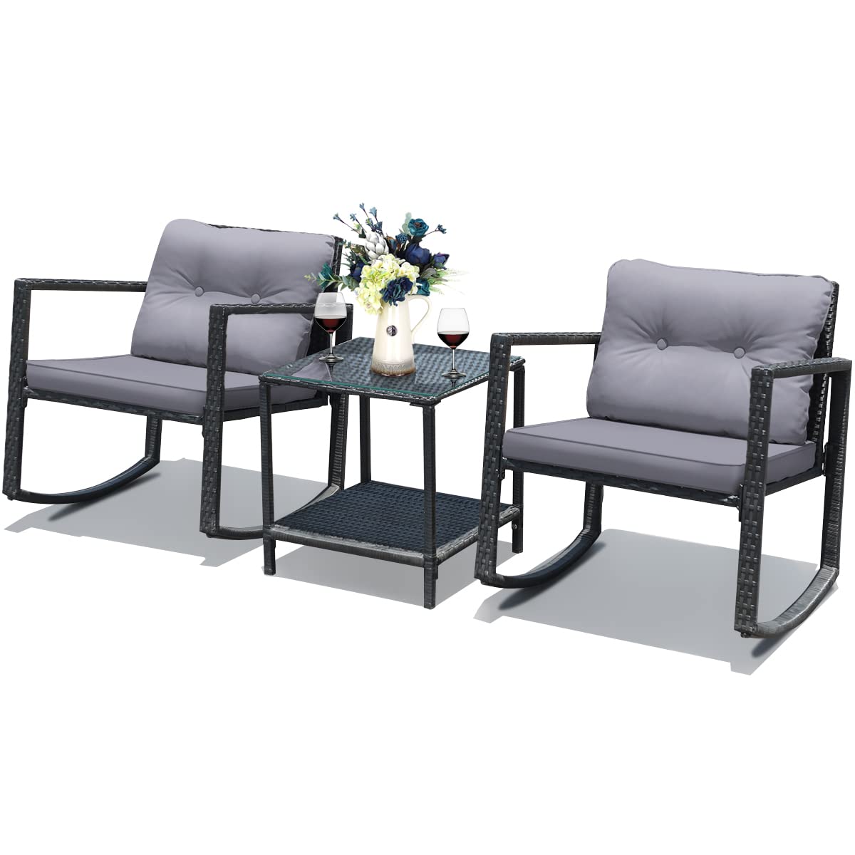 Tangkula 3-Piece Outdoor Patio Wicker Rocking Bistro Set with Cushioned Chairs, Glass Coffee Table & Storage Shelf - Gray | Perfect for Backyard, Garden, Deck or Balcony Relaxation