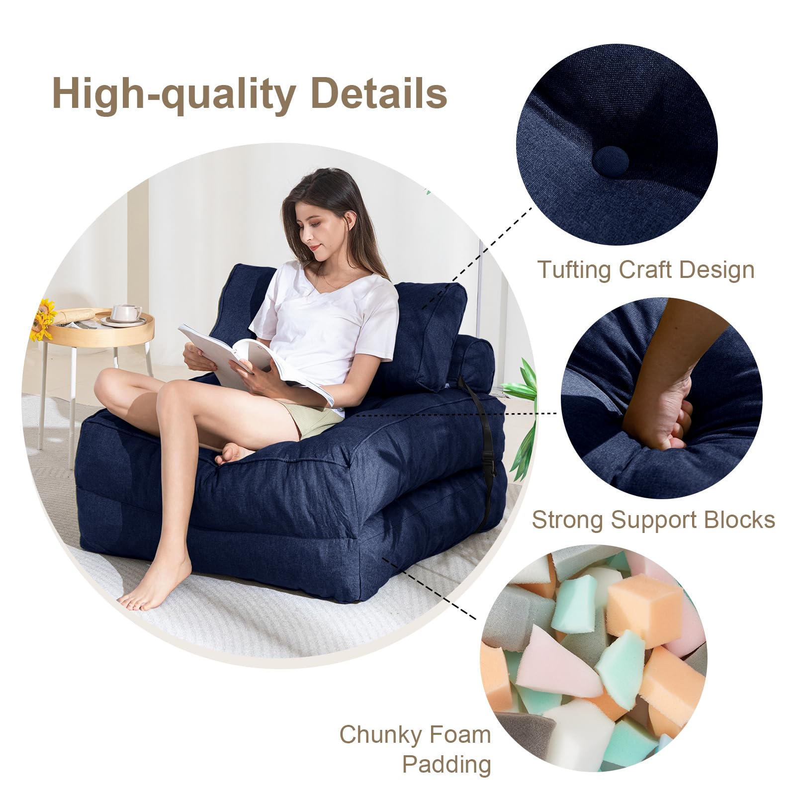 MAXYOYO Folding Couch Sofa Bed - Convertible Sleeper Chair with Back Support & Pillow, Navy Blue - Perfect for Small Spaces, Guest Rooms & Apartments