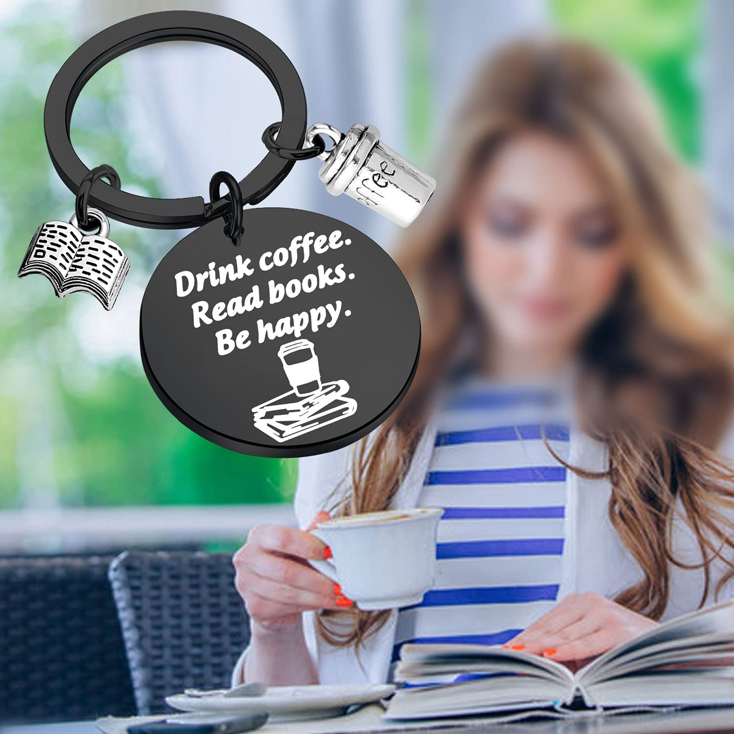 BEKECH Book & Coffee Lovers Gift Keychain - Inspirational 'Drink Coffee Read Books Be Happy' Charm - Perfect for Readers, Writers & Bibliophiles (Great for Book Clubs, Gifts & Everyday Carry)