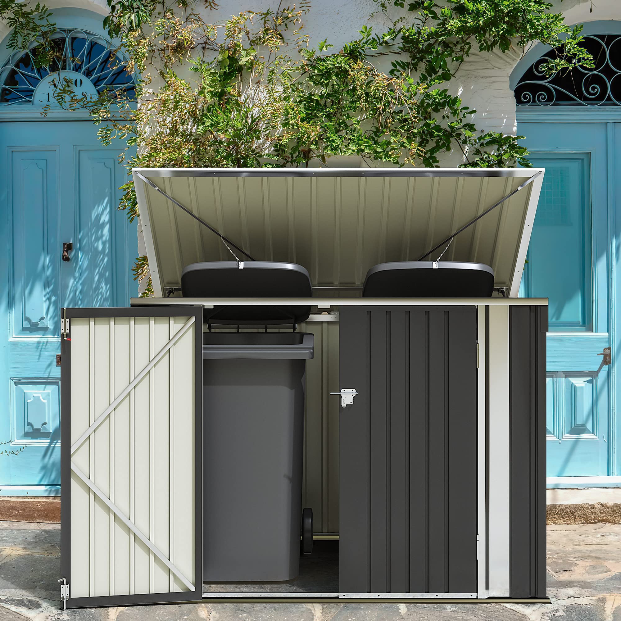 Greesum 5.8x3.3 FT Outdoor Metal Storage Shed with Lid & Hydraulic Gas Rod - Perfect for Lawn Tools, Bikes, Toys & Trash Bins | Weatherproof & Durable Black Garden Shed for Backyard, Patio & Garage Organization