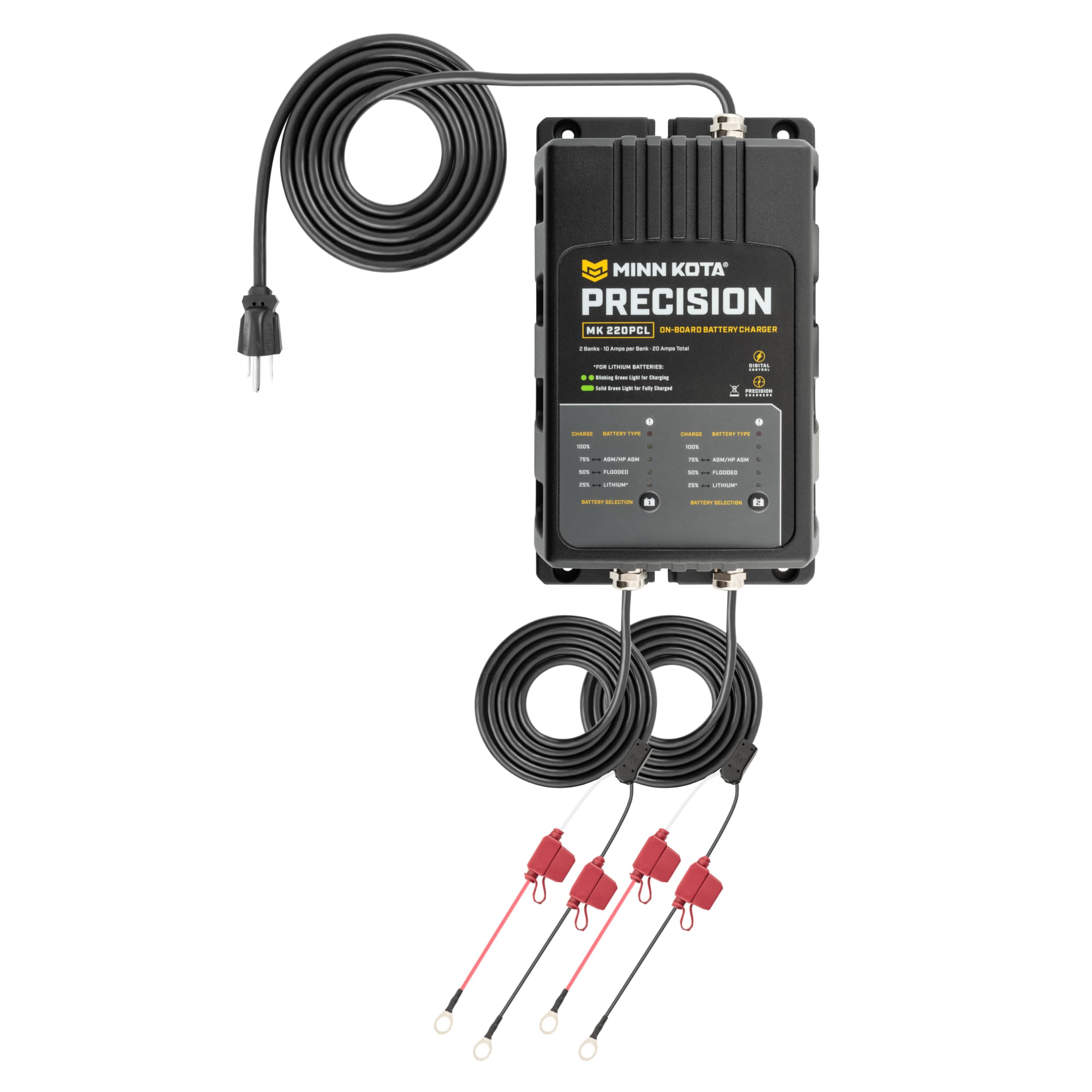 Minn Kota Precision Charger MK 220 PCL - 2 Bank 10 Amp Marine Battery Charger for Boats, Fishing & Trolling Motors | Waterproof & Maintenance-Free Charging Solution