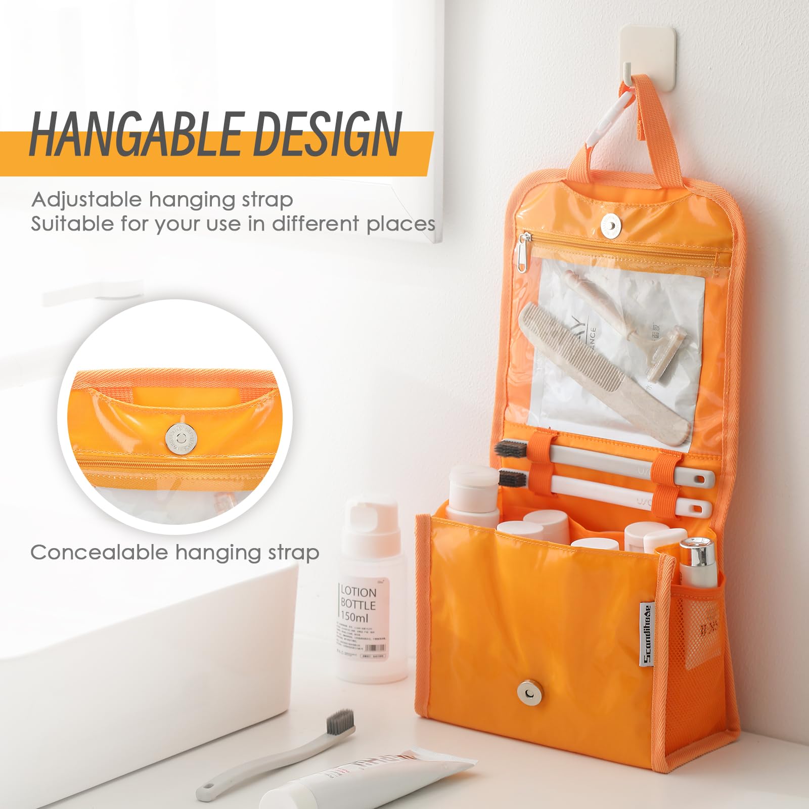 Waterproof Travel Toiletry Bag for Women - Large Cosmetic Organizer with Handle for Makeup & Full-Sized Toiletries | Portable for Vacation, Gym, Business Trips (Orange)