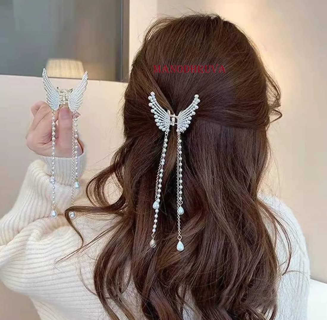 Elegant MANODHRUVA Pearl & Stone Hair Clips for Women - Wedding, Party & Everyday Hair Accessories | Butterfly Claw Clip, Metal Hair Clutcher for Girls & Women