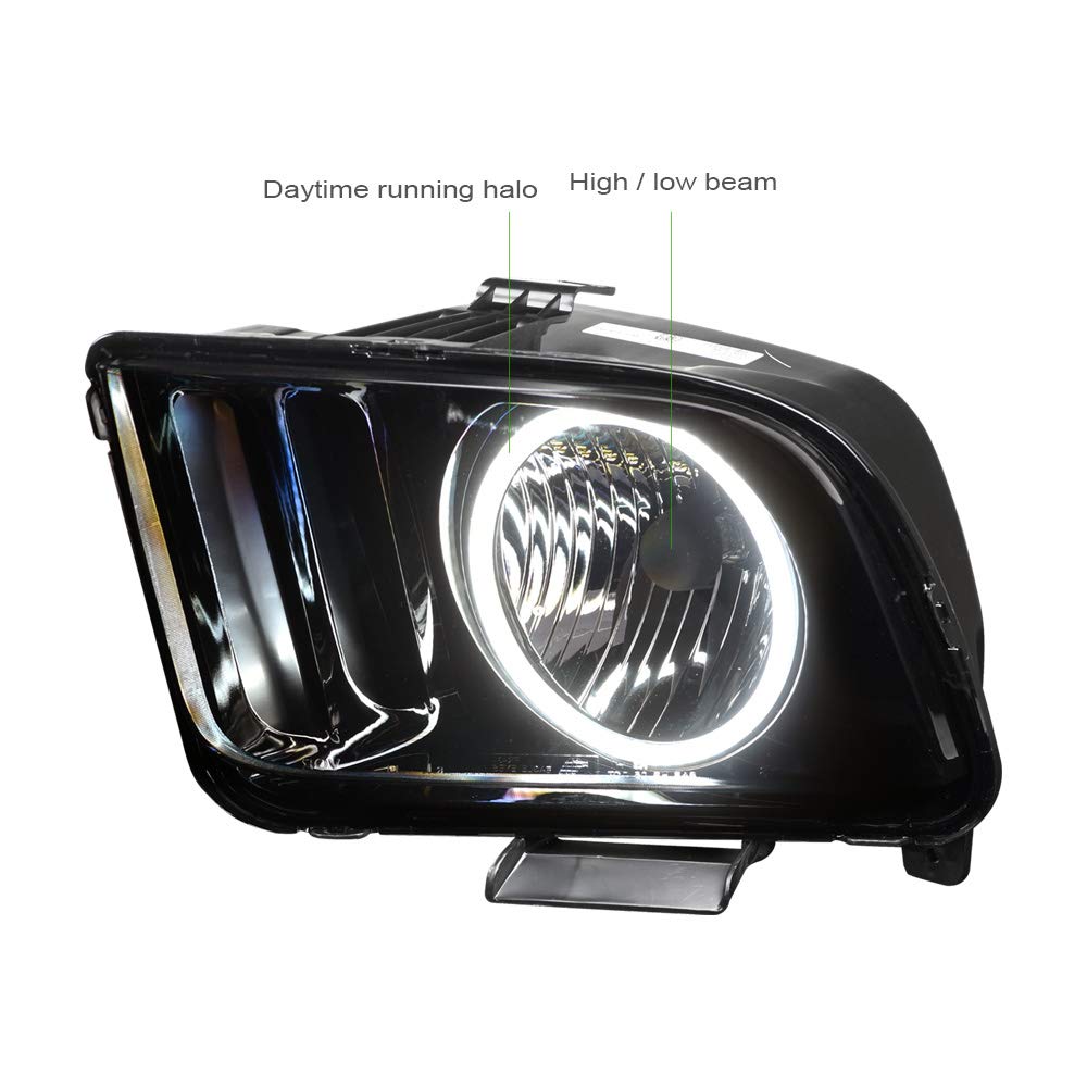 2005-2009 Ford Mustang LED Headlights - Black Housing with White Halo Rings - Direct Fit Replacement - Upgrade for Night Driving & Car Shows