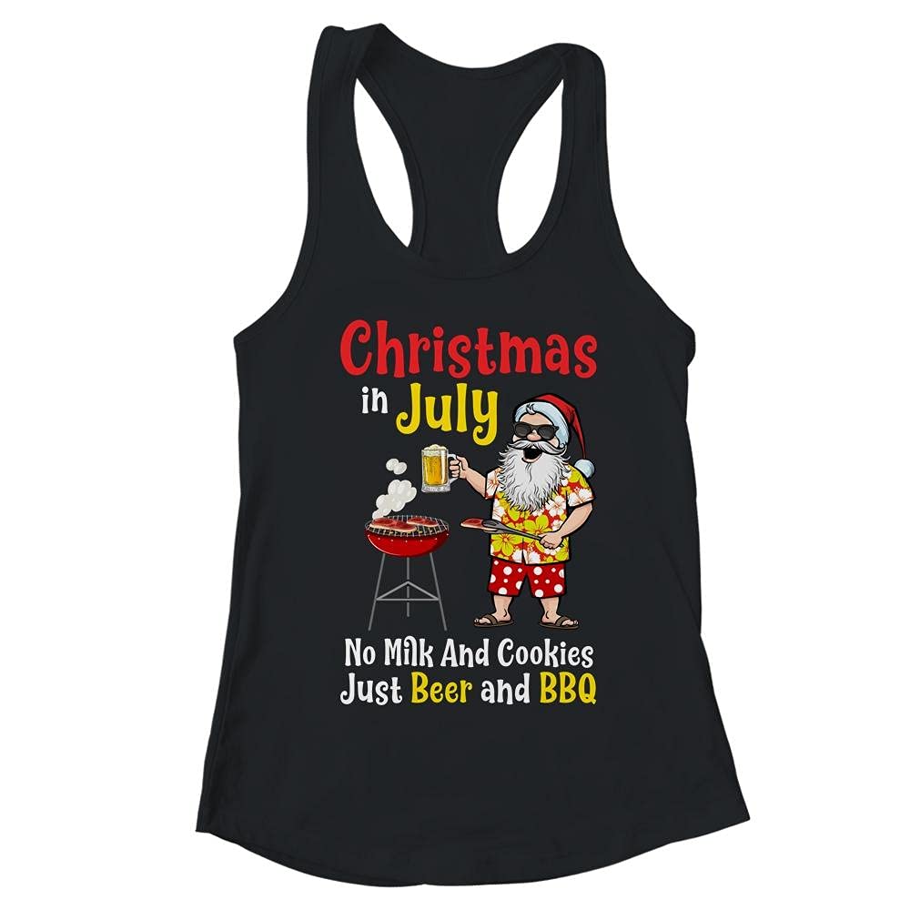 BigClassy Women's Christmas in July Beer & BBQ Racerback Tank Top - Funny Summer Party T-Shirt for BBQ Cookouts, Beach Vacations & Festive Celebrations