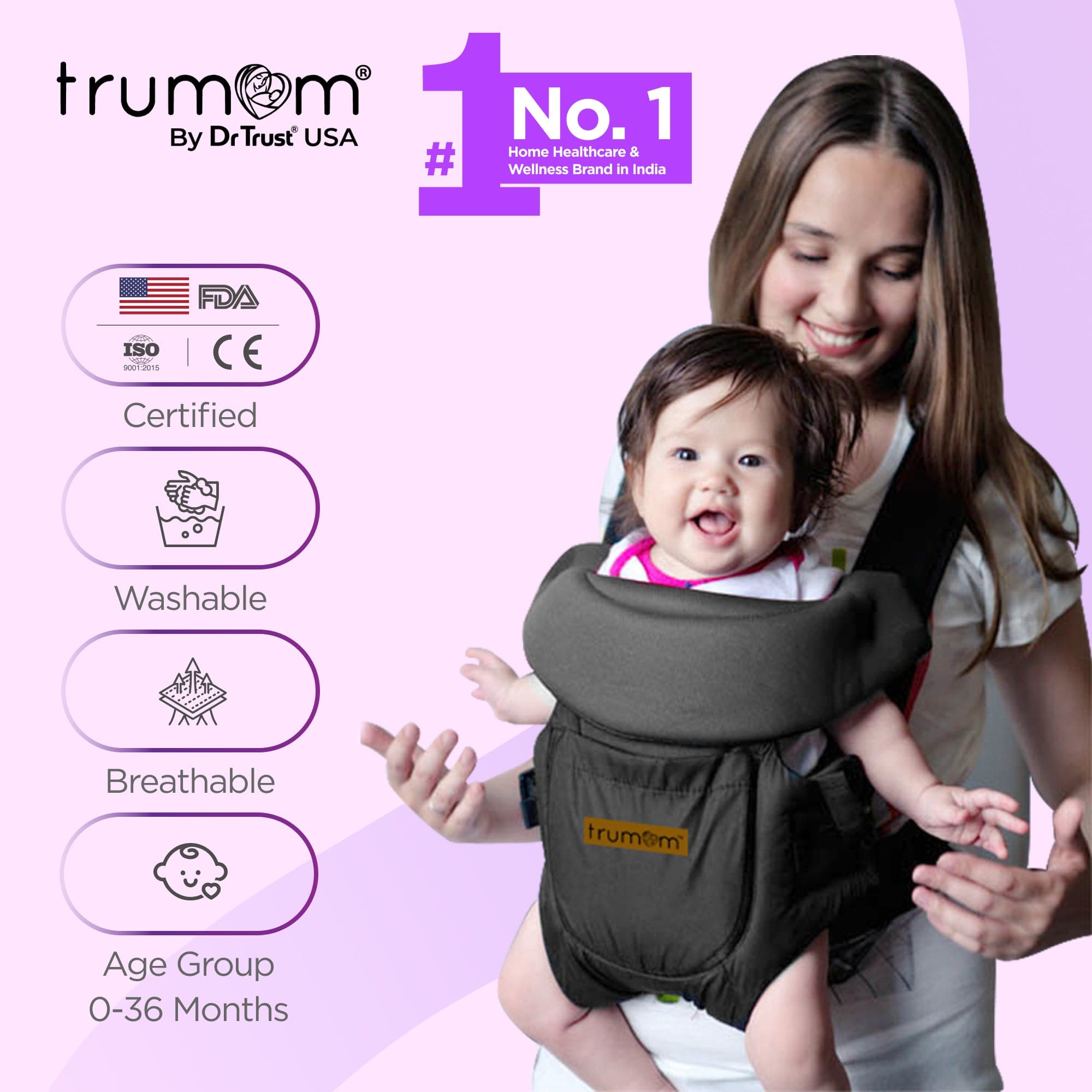Trumom USA 3-in-1 Baby Carrier for Newborn to Toddler (0-36 Months, Up to 12kg) - Ergonomic Infant Carrier for Hands-Free Parenting, Hiking & Shopping