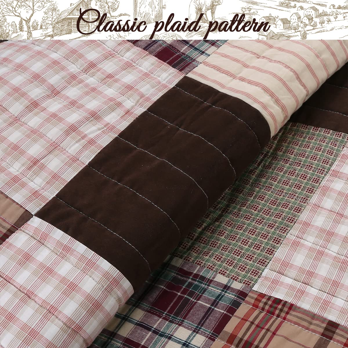 Brody Farmhouse Chocolate Plaid Reversible Quilt Set - 3 Piece King Size Brown Grid Bedspread | Cozy Patchwork Coverlet for Farmhouse & Rustic Bedroom Decor | Perfect for Master Bedrooms, Guest Rooms & Cozy Winter Nights