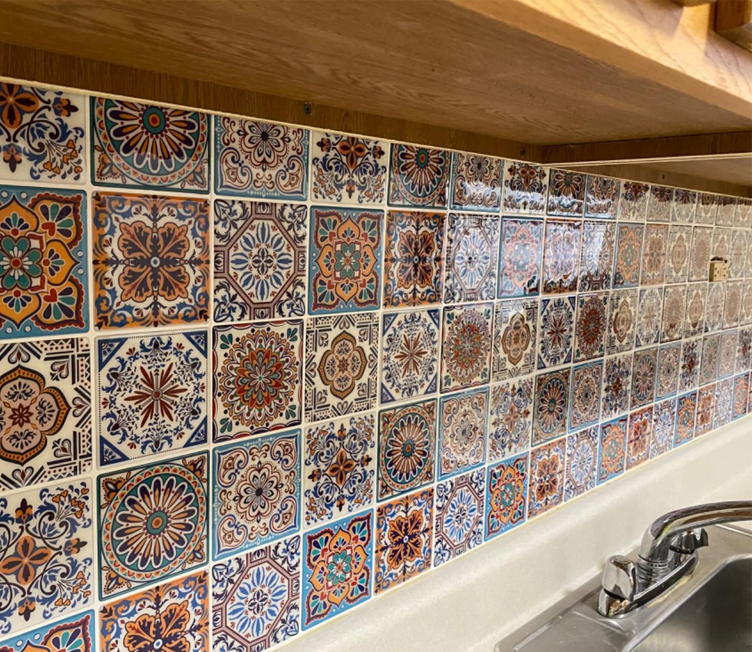 LONGKING Peel and Stick Backsplash Tile Stickers - Colorful Talavera Mexican Style Self-Adhesive Wall Tiles (10 Sheets) | Easy DIY Kitchen & Bathroom Remodeling Decor