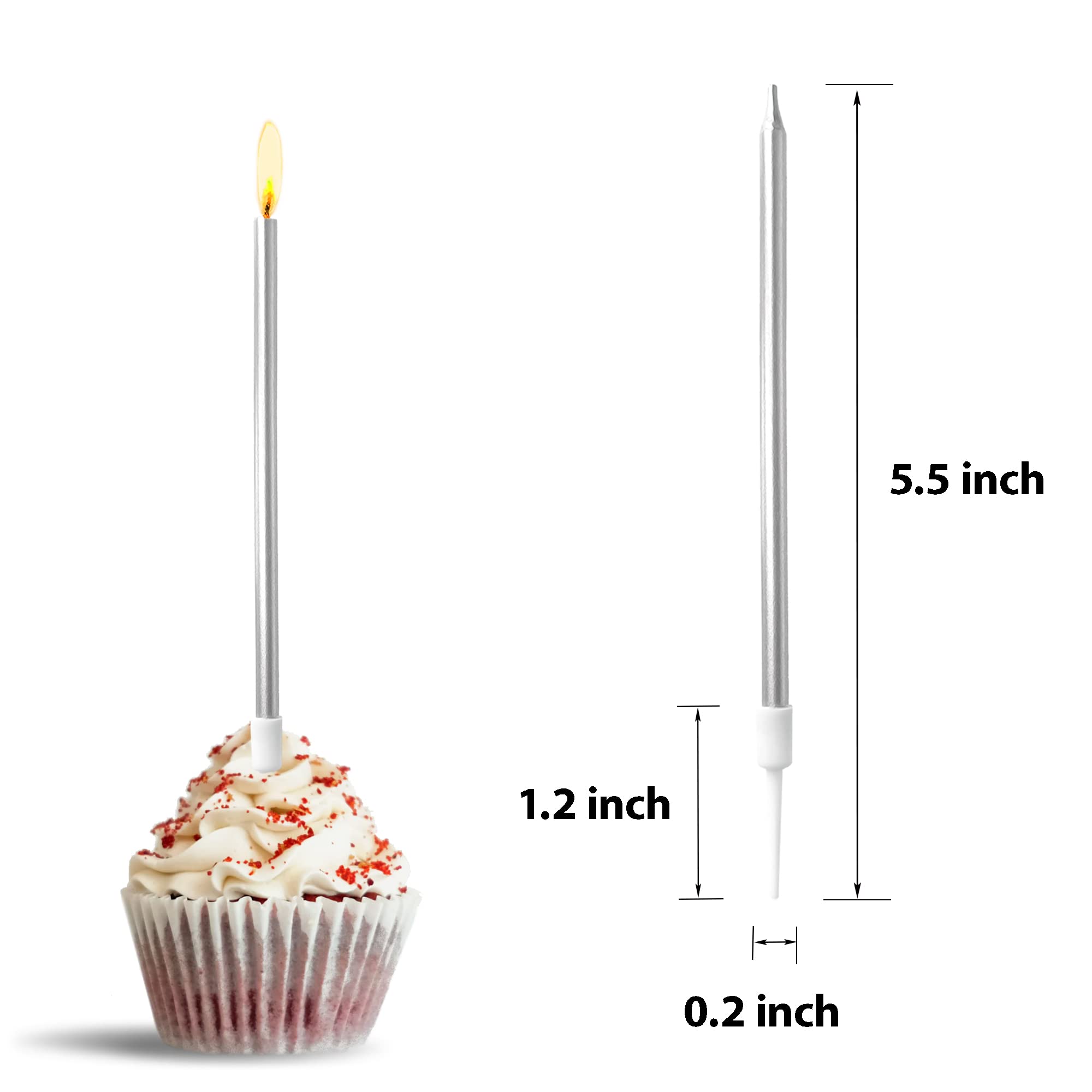 24-Pack Silver Metallic Long Thin Cake Candles with Holders - Elegant Cupcake & Wedding Cake Decorations for Birthdays, Parties & Special Celebrations
