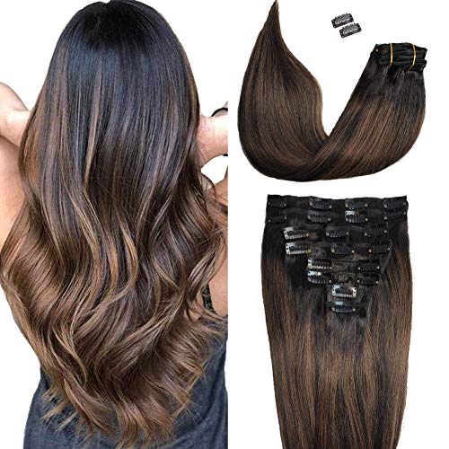 8PCS 100% Human Hair Clip-In Extensions - 18 Inch Silky Straight Natural Black to Chestnut Brown (140g) for Thicker Fuller Hair | Perfect for Daily Wear, Parties & Special Occasions
