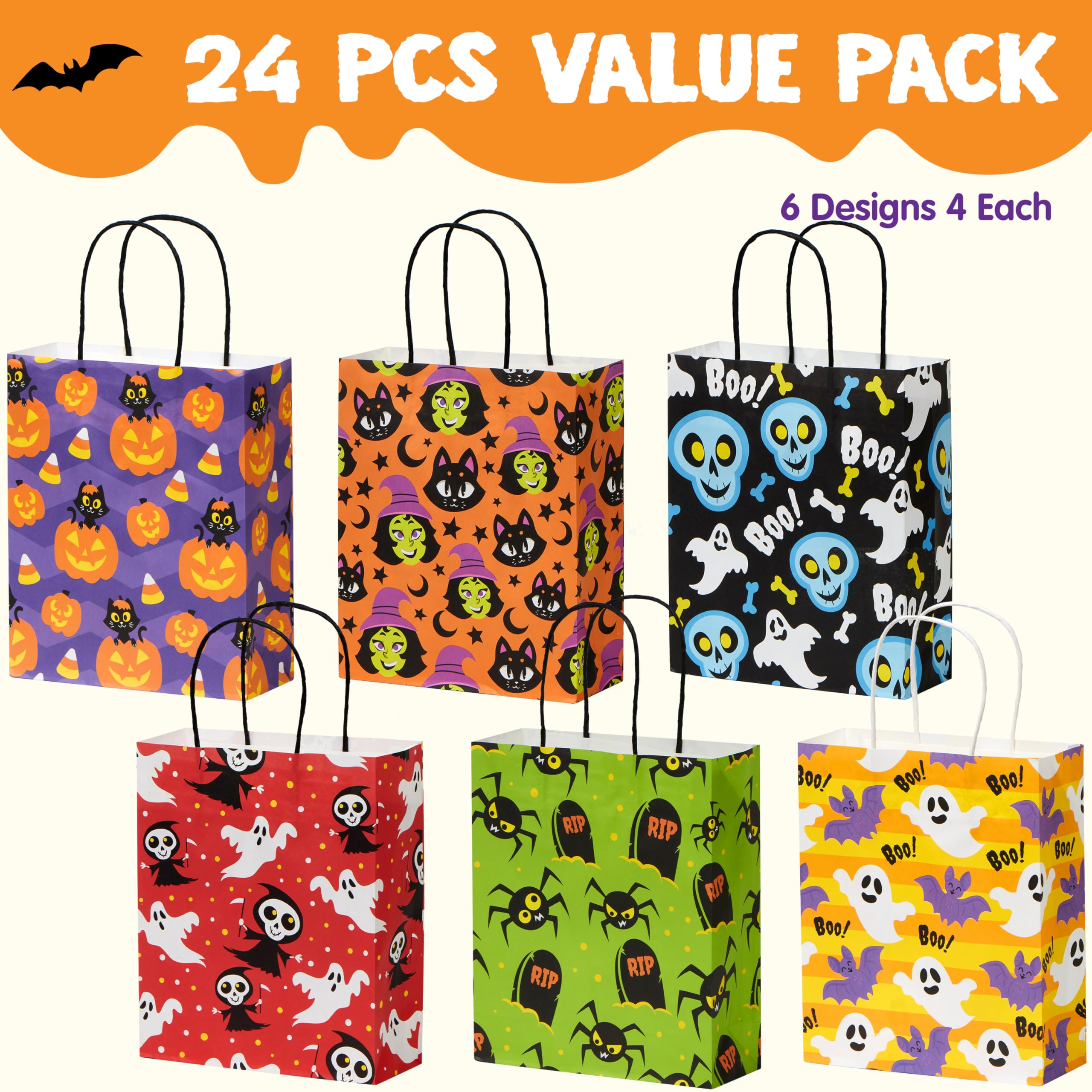 JOYIN 24-Pack Halloween Goodie Bags with Handles - 6 Designs for Trick or Treat Party Favors & Candy Storage