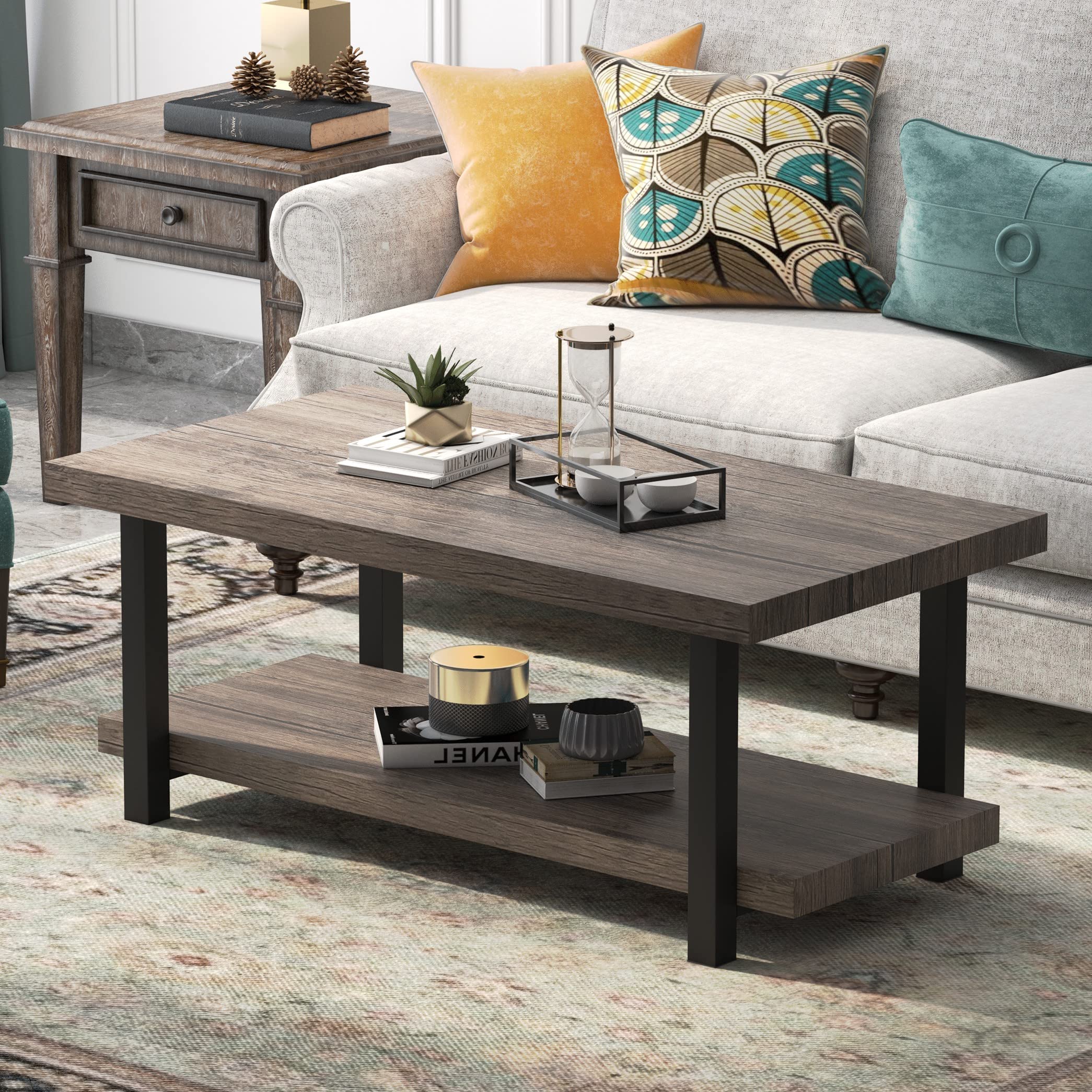Rustic Vintage Industrial Coffee Table with Sturdy Metal Frame & Storage Shelf - 42