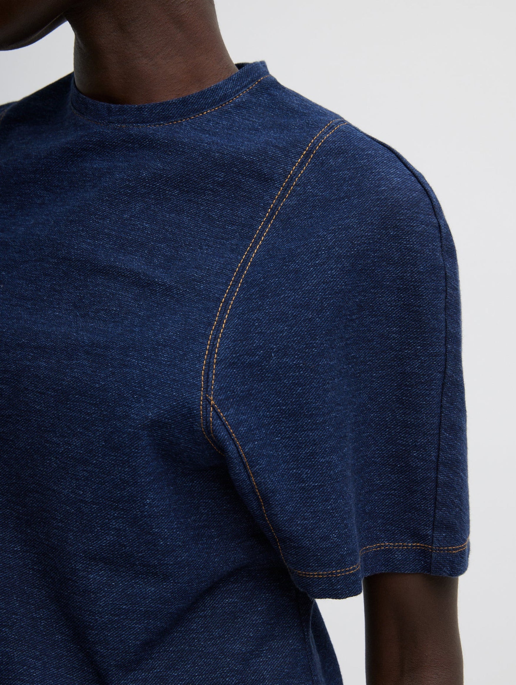 Barre Denim Knit Sculpted Shrunken T-Shirt in Indigo | Slim Fit Women's Casual Tee | Perfect for Yoga, Running & Everyday Wear