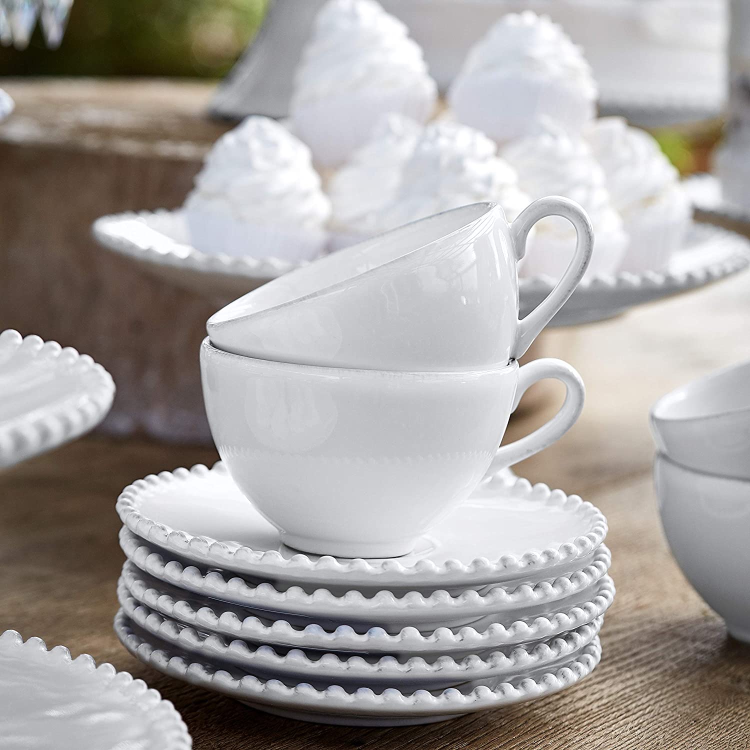 COSTA NOVA Pearl Collection 8 oz White Ceramic Tea Cup and Saucer Set - Elegant Stoneware for Afternoon Tea, Coffee, and Home Decor