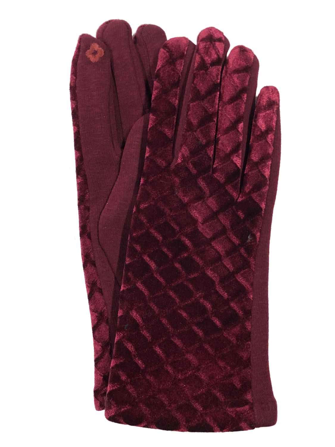 G&S Women's Burgundy Scallop Velvet Stretch Fit Button Texting & Touchscreen Smart Gloves - Winter Driving, Phone Use, Outdoor Activities