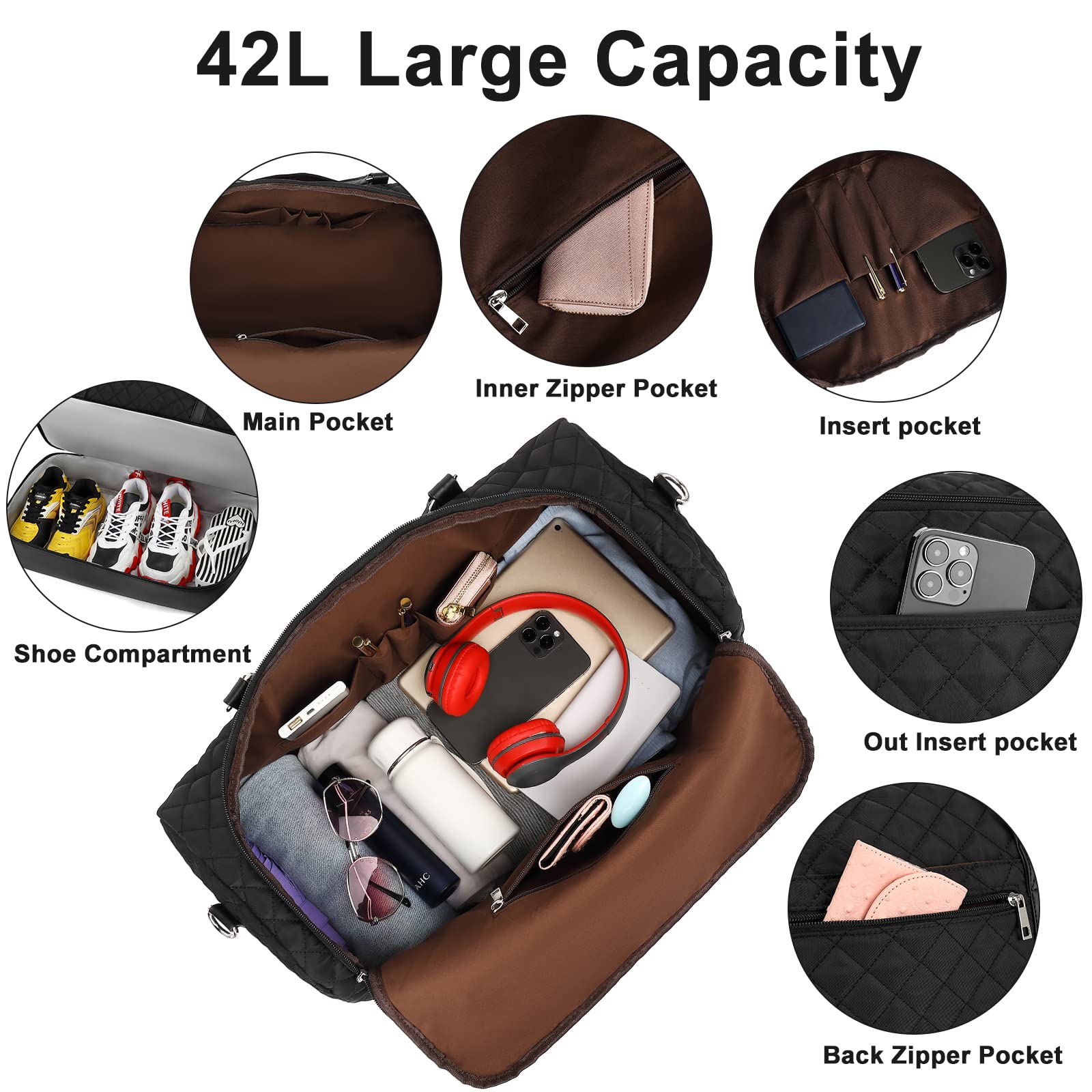 42L Travel Weekender Duffle Bag Set with Shoe Compartment - 3-Piece Carry On Luggage for Women & Men (Black Quilted) | Gym, Airplane Trip, Overnight Stay | Includes Fanny Pack & Makeup Bag