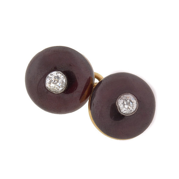Victorian Style 15kt Gold Cabochon Garnet & Diamond Cufflinks for Men - Elegant Dress Accessories for Weddings, Business & Formal Events