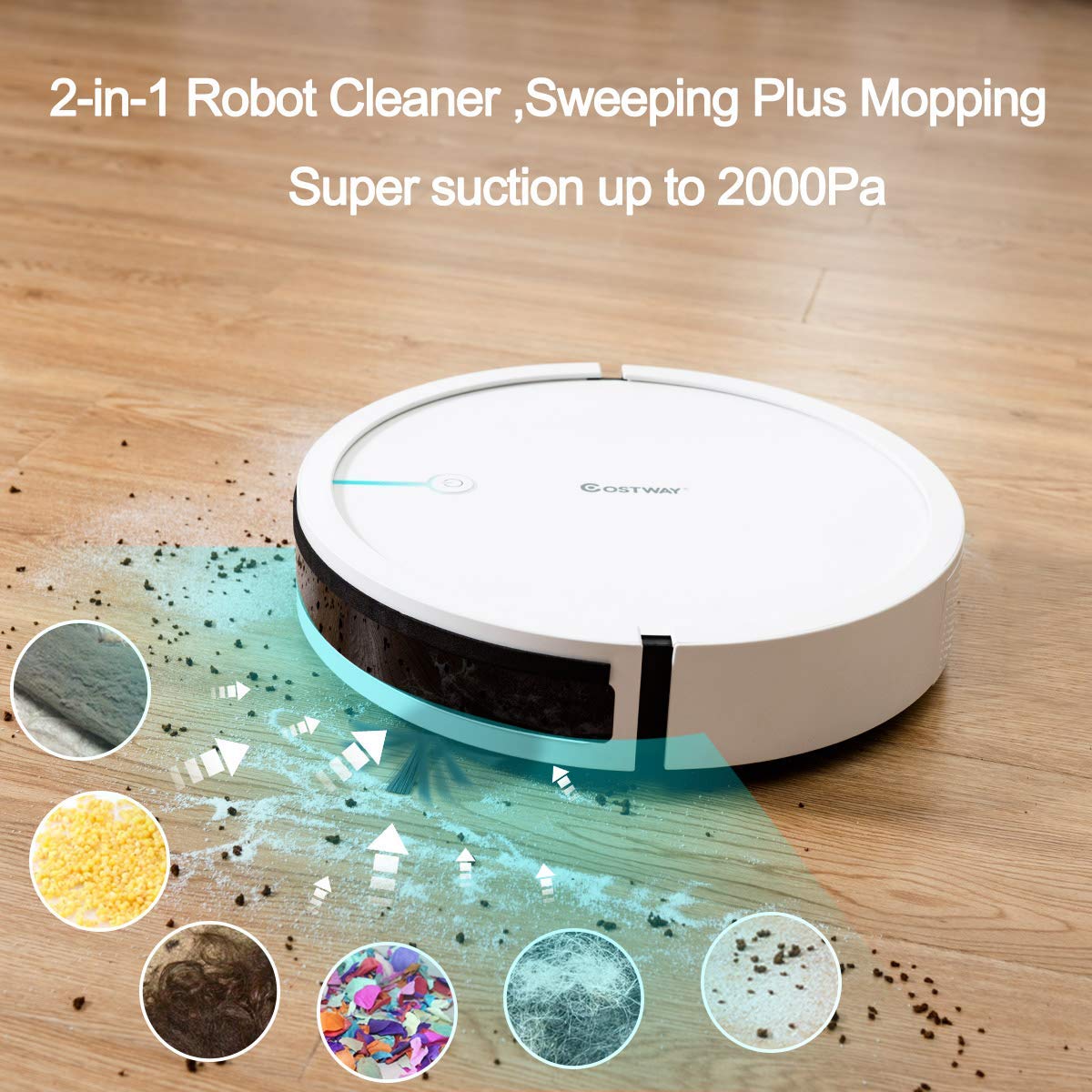 COSTWAY Robot Vacuum Cleaner with 2000Pa Strong Suction, Smart Scheduling & Self-Charging | Ultra Quiet Pet Hair Vacuum for Hard Floors & Thin Carpets | Ideal for Home, Office & Pet Owners