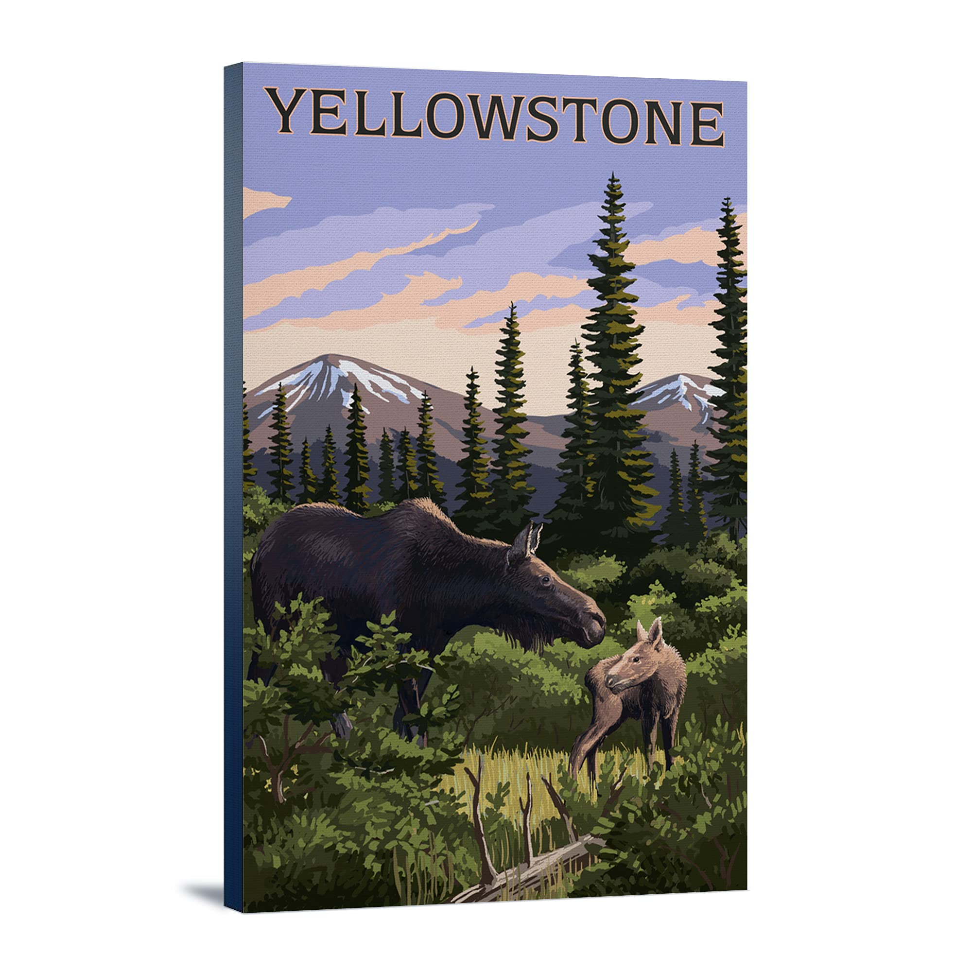 Yellowstone National Park Moose and Baby Wildlife Art Print - 24x36 Gallery Wrapped Stretched Canvas Wall Decor for Living Room, Bedroom & Office