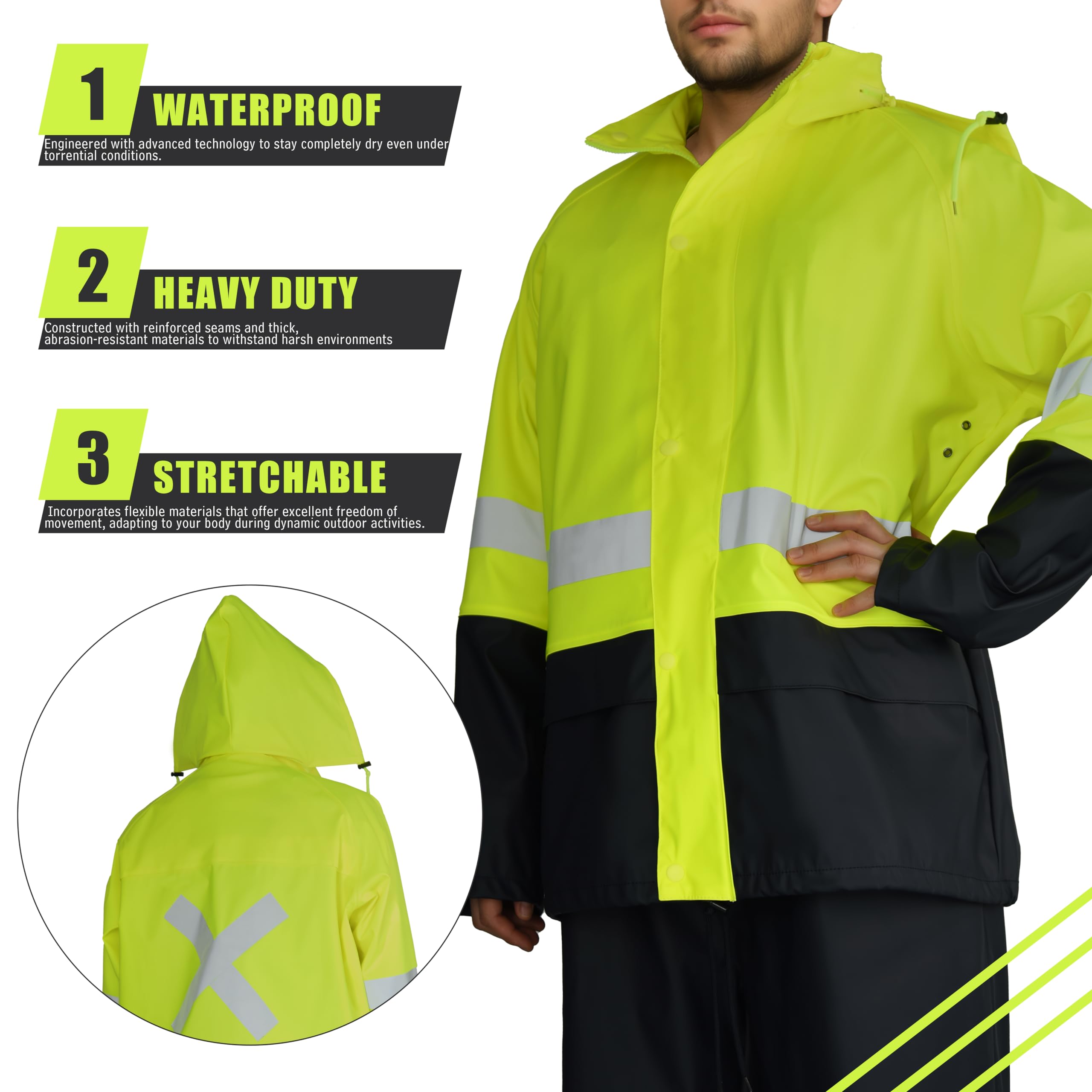 Men's Waterproof Rain Suit Set - Heavy Duty Workwear Jacket & Bib Overalls for Construction, Fishing & Outdoor Work | All-Weather Protection & Comfort