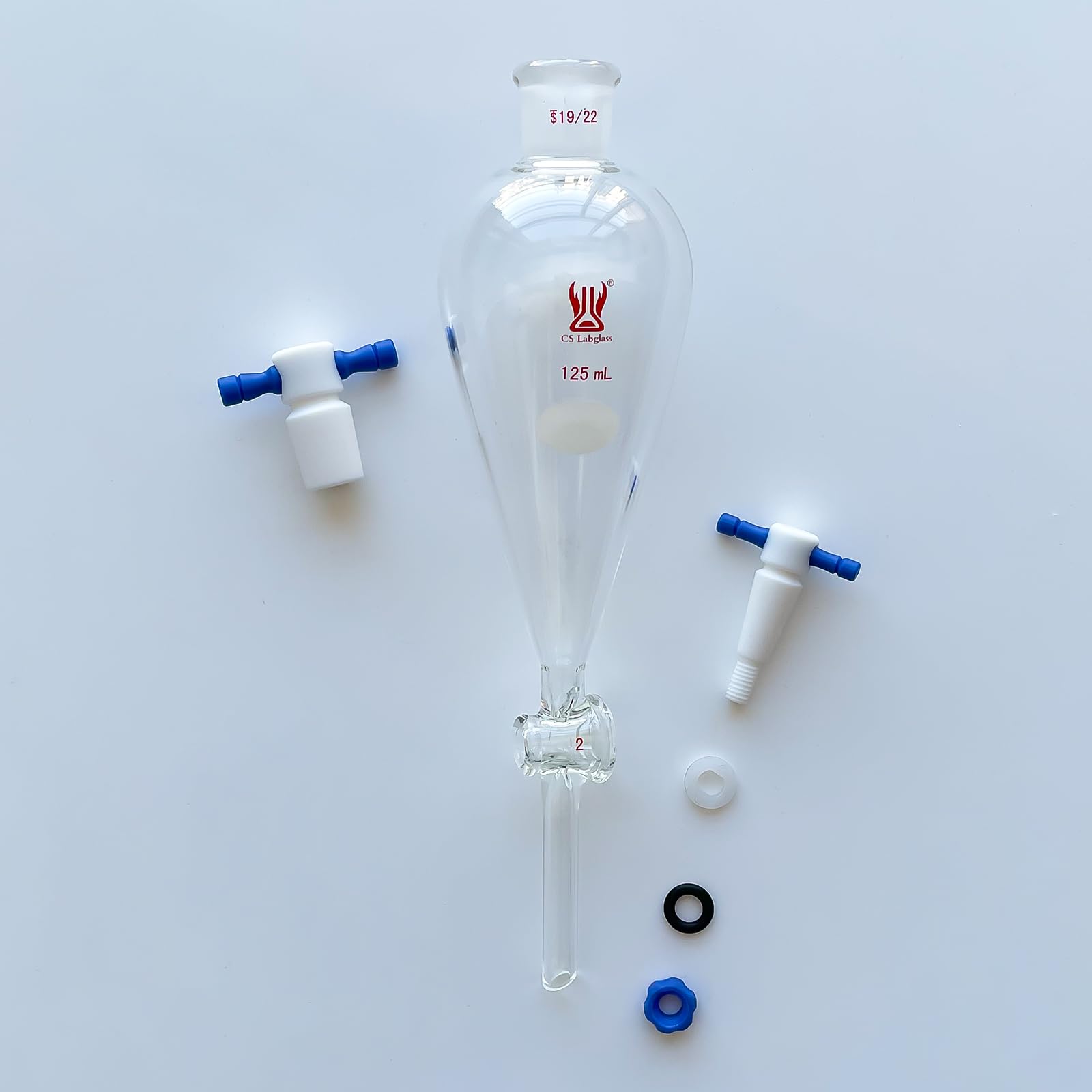 125ml Heavy Wall Borosilicate Glass Separatory Funnel with 19/22 Joint & 2mm PTFE Stopcock - Laboratory Grade for Chemical Extraction, Liquid Separation - Ideal for Chemistry Labs, Research, and Essential Oil Distillation