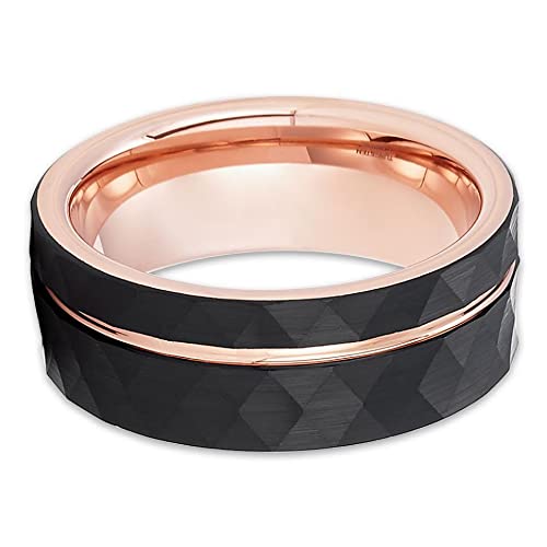 Rose Gold Tungsten Wedding Band for Men - 8mm Hammered Tungsten Carbide Ring with 18K Rose Gold Plating - Durable & Scratch-Resistant Black Wedding Ring for Grooms, Engagements & Anniversaries