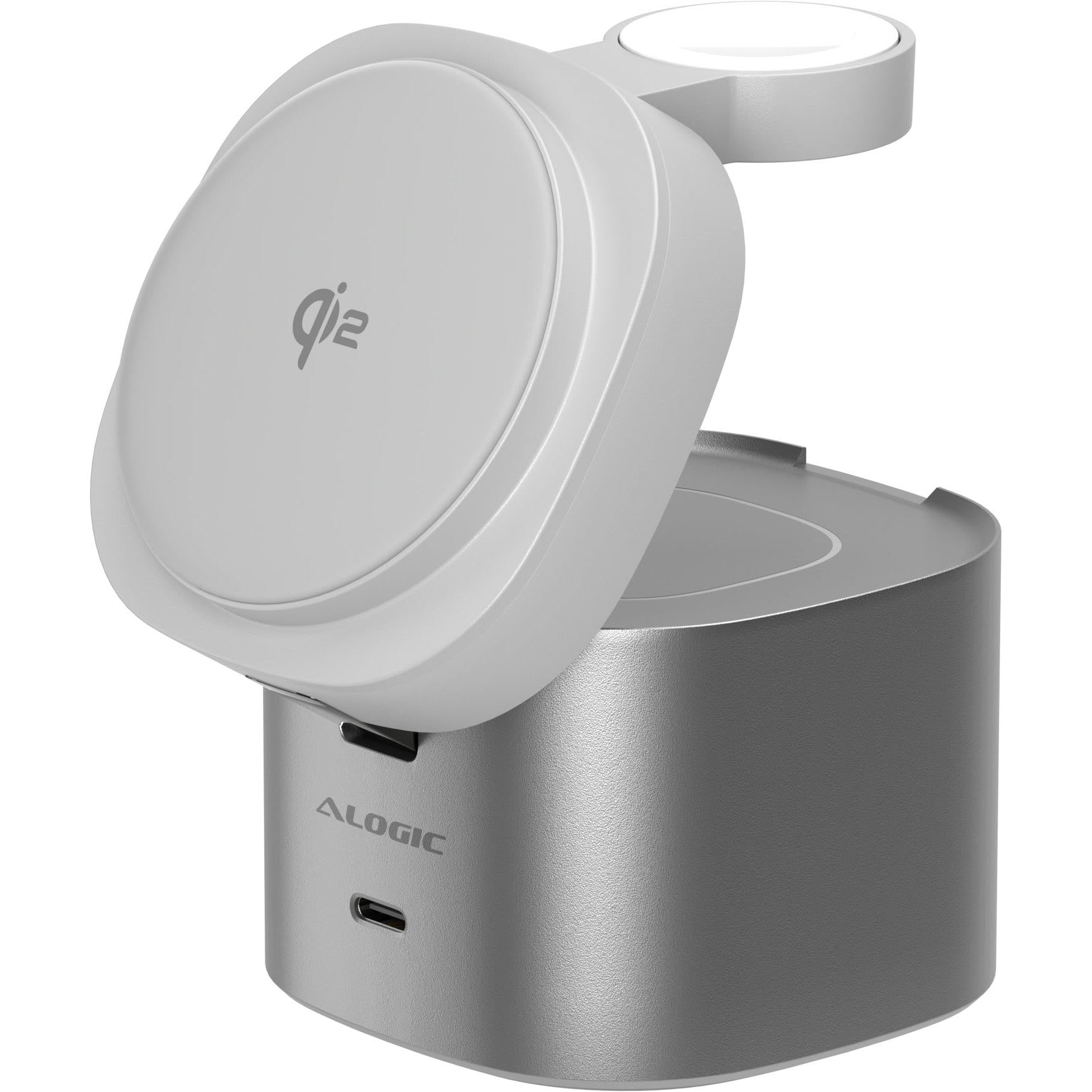 Alogic Powerpod 4-in-1 Qi2 Fast Wireless Charging Stand for iPhone 15/14/13, AirPods, Apple Watch - White | Multi-Device Charging Station for Home, Office & Travel