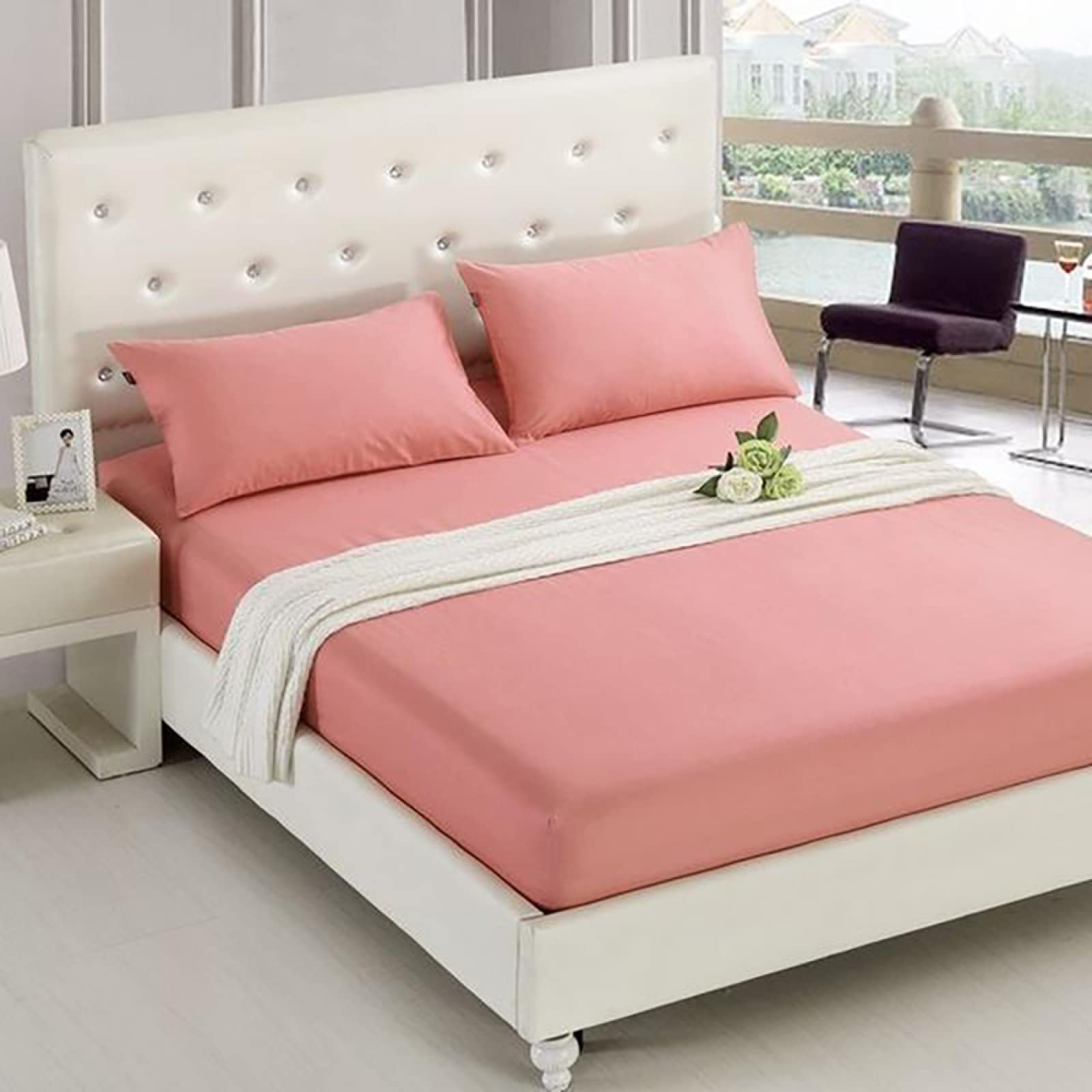 ANJENLY Solid Color Fitted Bed Sheet - Queen Size, Cotton Polyester Blend, Deep Pocket, Wrinkle Resistant - Perfect for Modern Bedrooms, Guest Rooms & Dorm Rooms