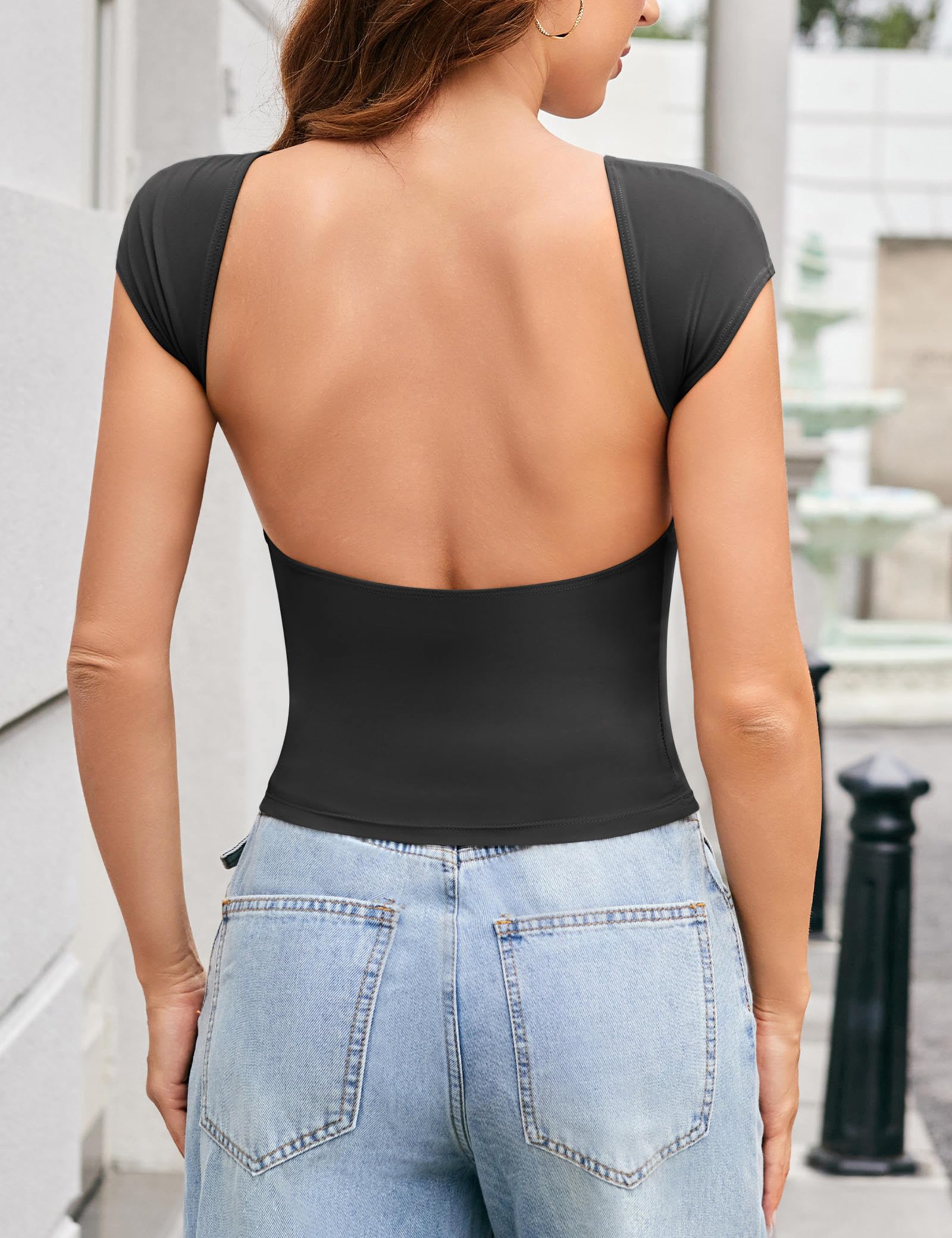 Amoretu Women's Backless Crop Top Short Sleeve Shirt - Summer Slim Fit Y2K Tight T-Shirt for Casual Wear, Beach Outfits & Party Fashion