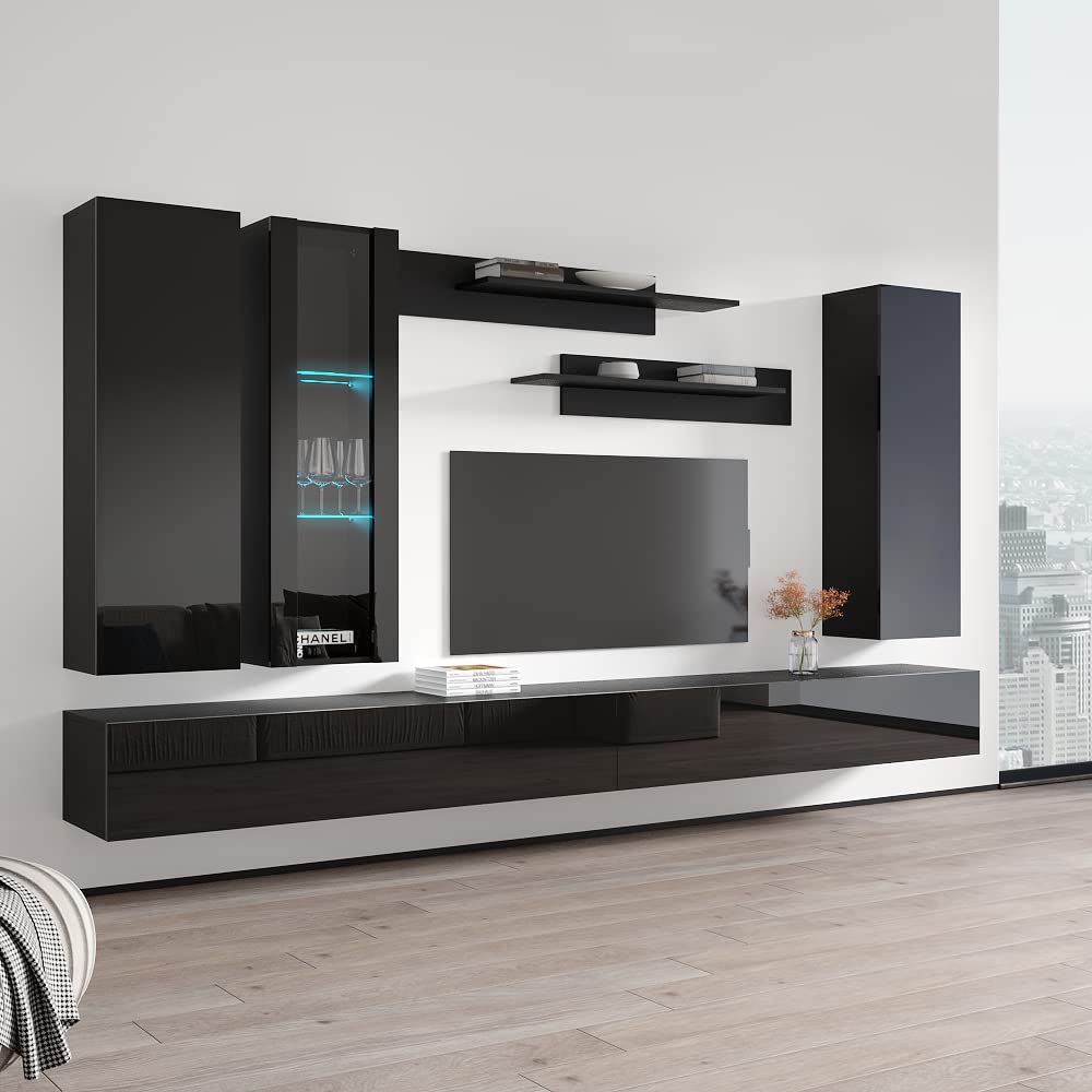 Modern Floating TV Stand with Storage & LED Lights - Wall-Mounted Entertainment Center for Bedroom & Living Room - Black TV Console with Shelves (Perfect for Small Spaces & Home Theater Setup)