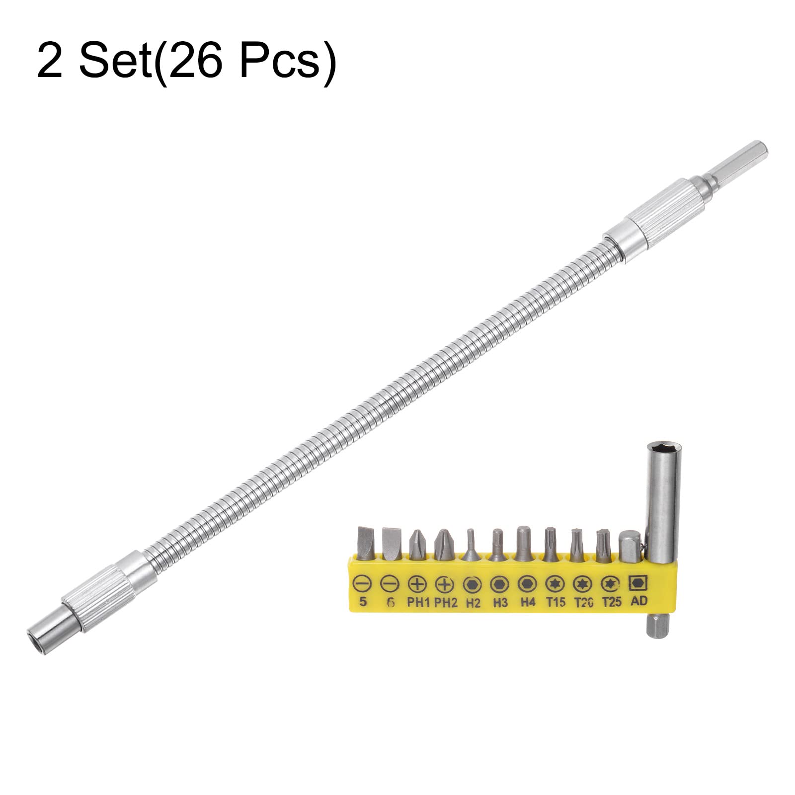 uxcell 26-Piece Flexible Drill Bit Extension Kit - 2 Sets with 300mm Flexible Shaft for Screwdriver Bits | Perfect for Tight Spaces & Hard-to-Reach Areas in DIY, Construction & Home Repair