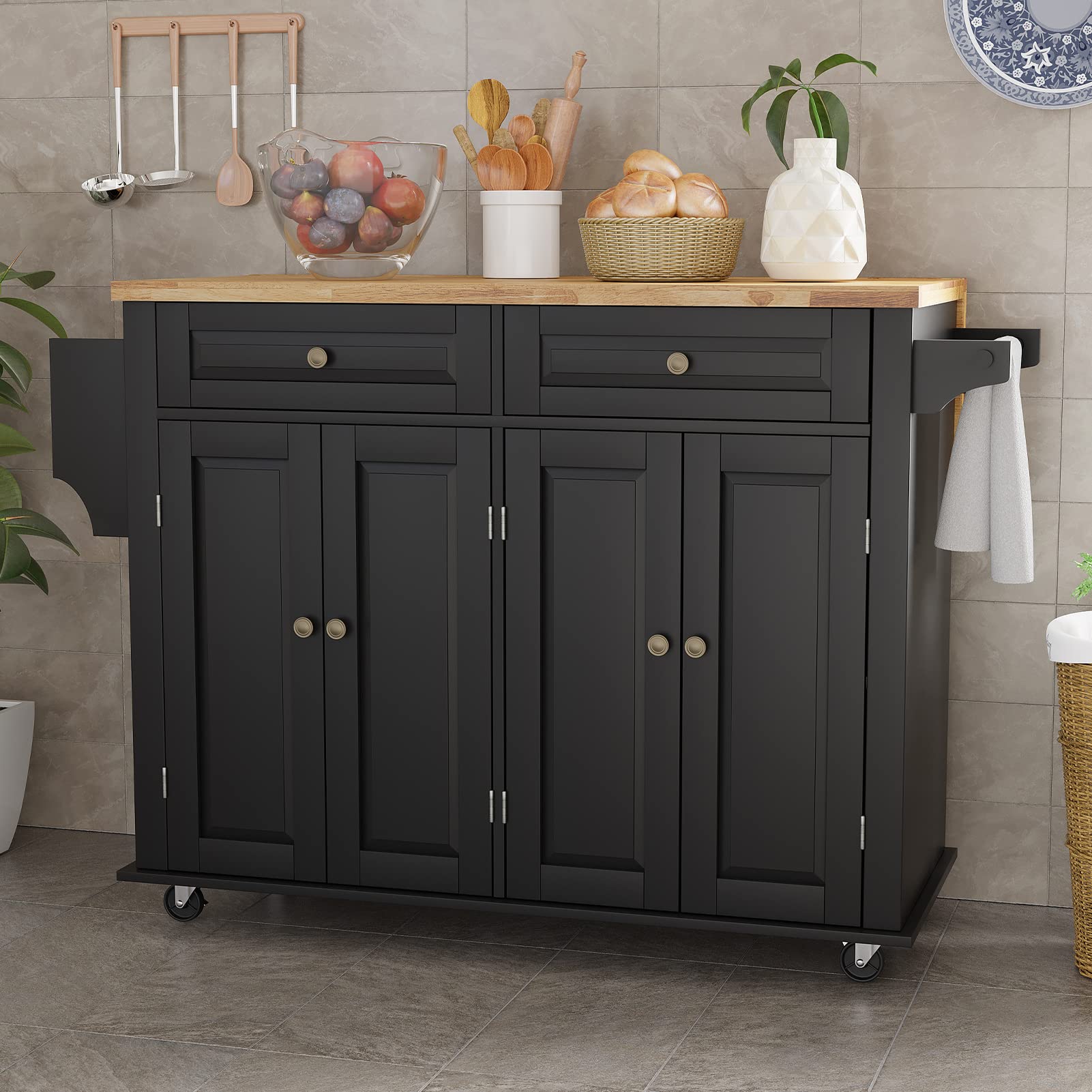 Rolling Kitchen Island with Drop Leaf - Mobile Kitchen Cart on Wheels with Storage Cabinet, Rubber Wood Top, Rack & Drawer - Matte Black for Small Spaces, Apartments & Home Cooking