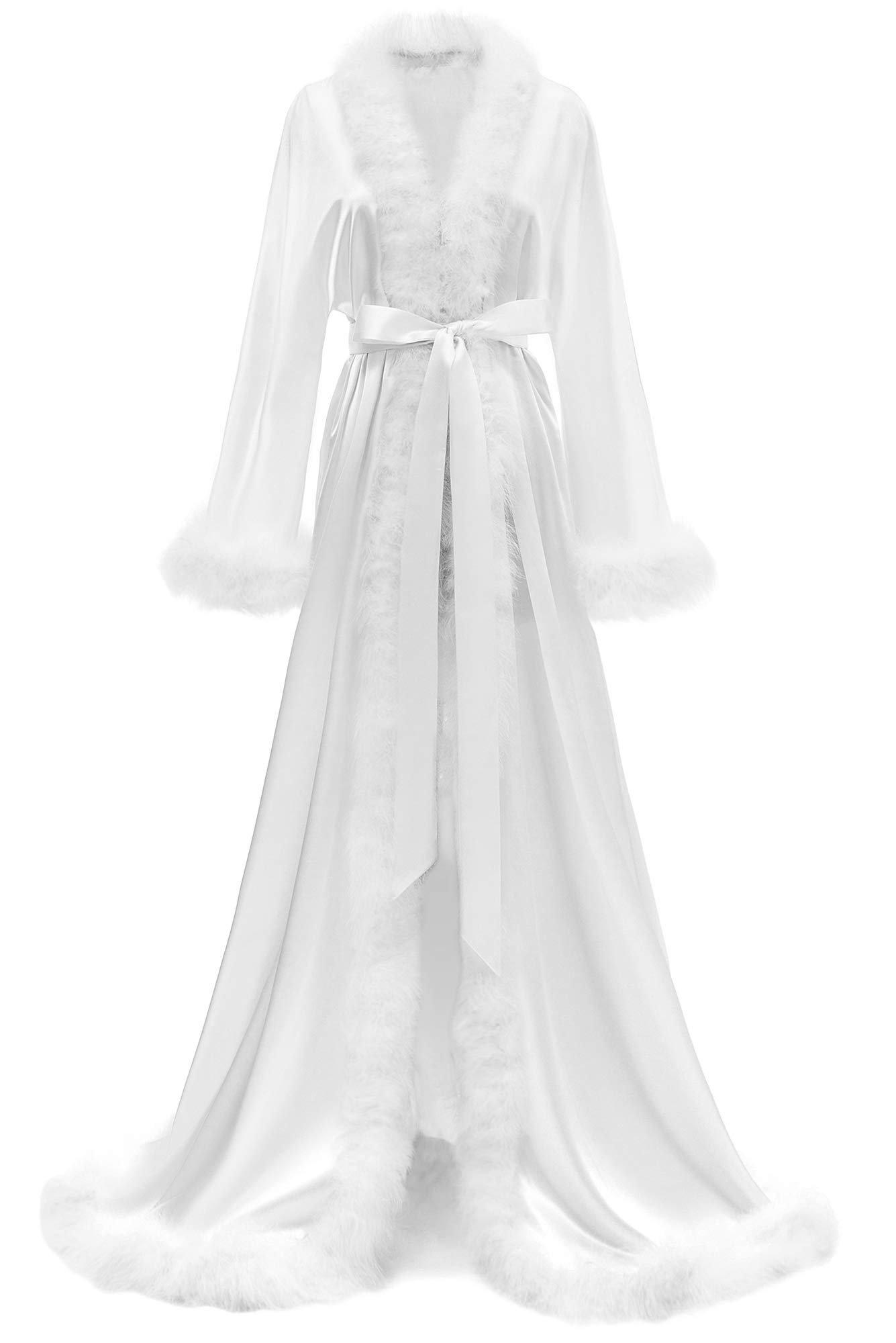 Luxury Feather Trim Silk Satin Bridal Robe for Women - Elegant Wedding Party Lingerie Dressing Gown & Nightgown - Perfect for Bridal Showers, Honeymoon, and Special Occasions