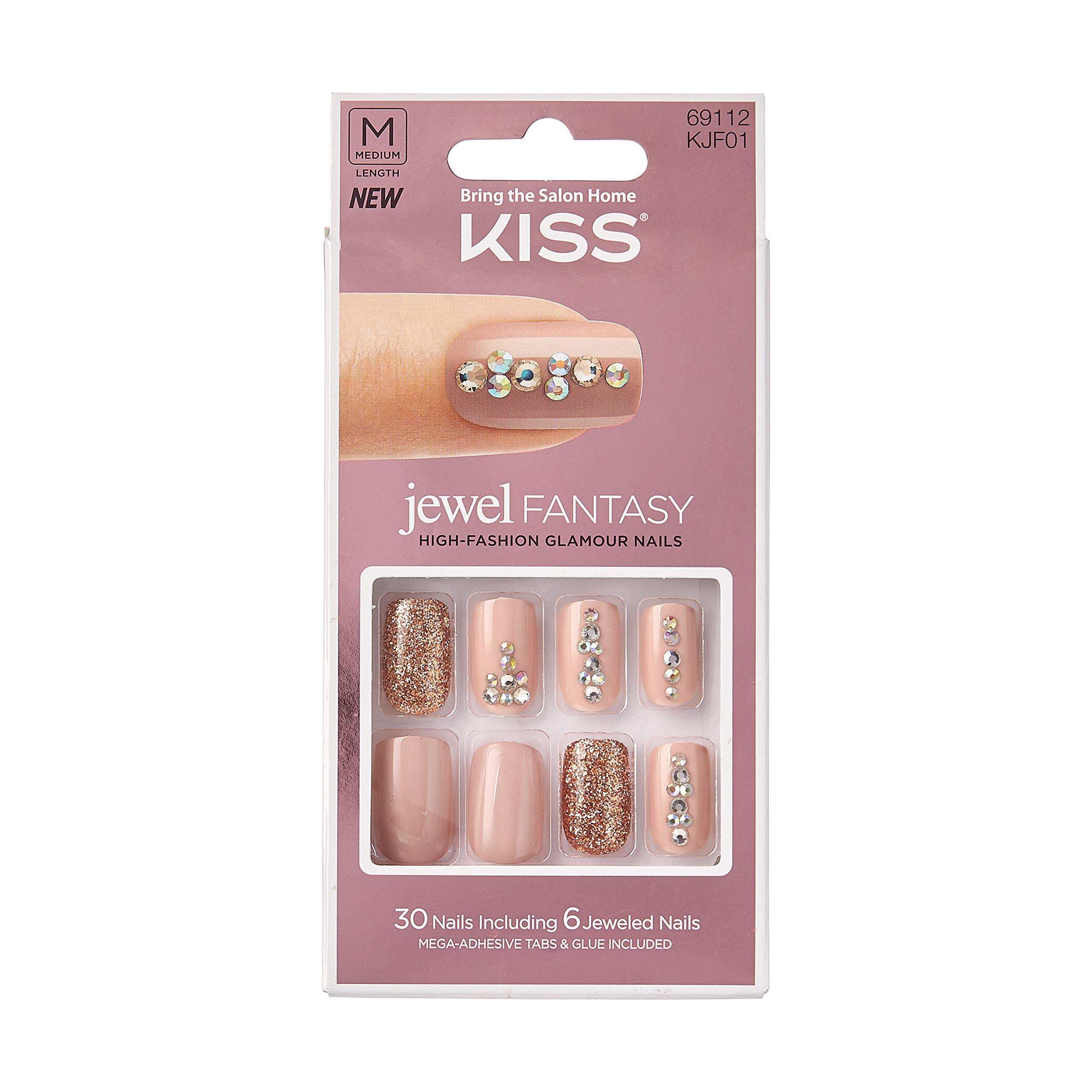 KISS Jewel Fantasy Nails - Medium Length False Nails with Rhinestones (KJF01) | Glamorous Press-On Nails for Parties, Weddings & Special Occasions