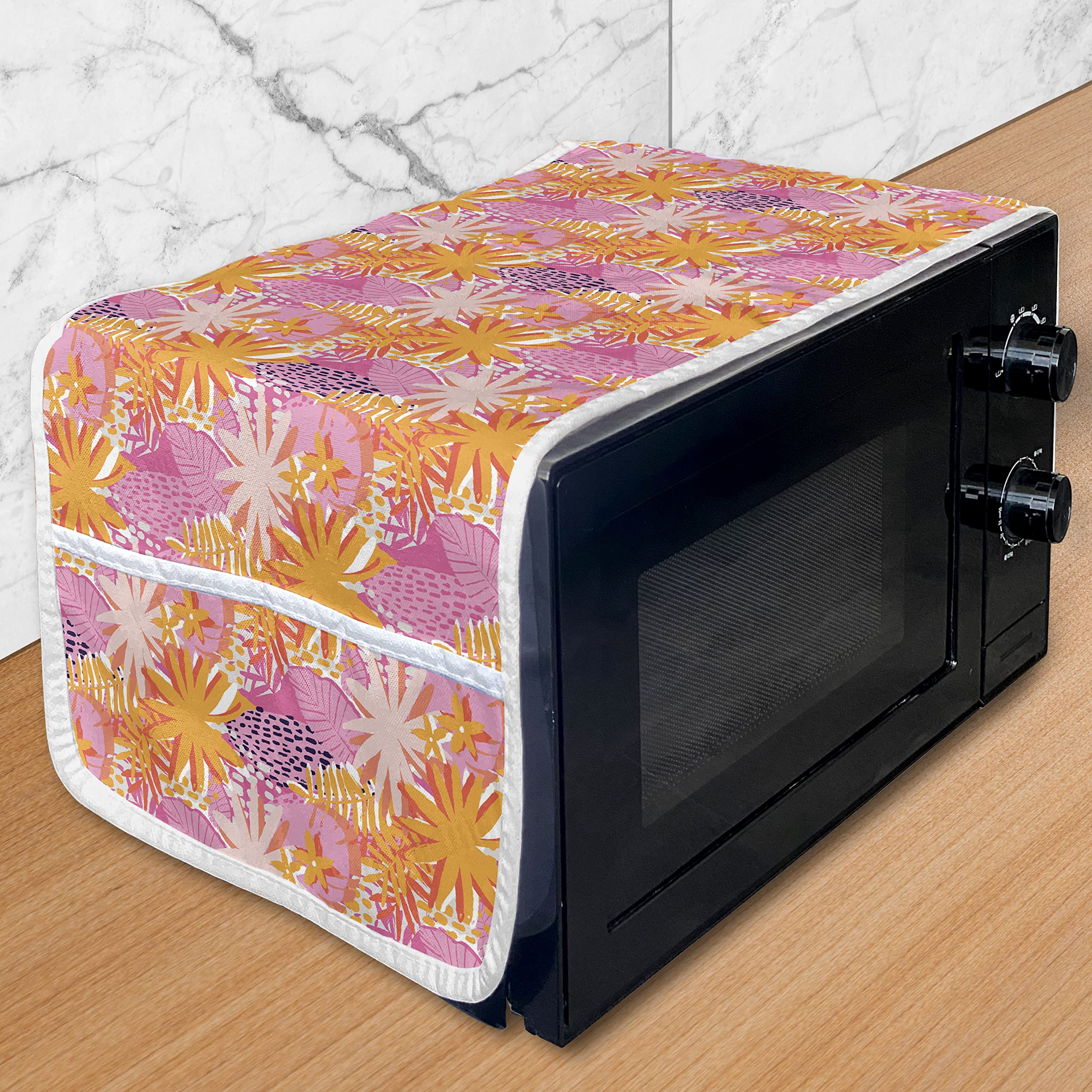 Ambesonne Tropical Microwave Cover - Waterproof Kitchen Organizer with Pockets, Exotic Jungle Leaves & Flower Petals Design, 36