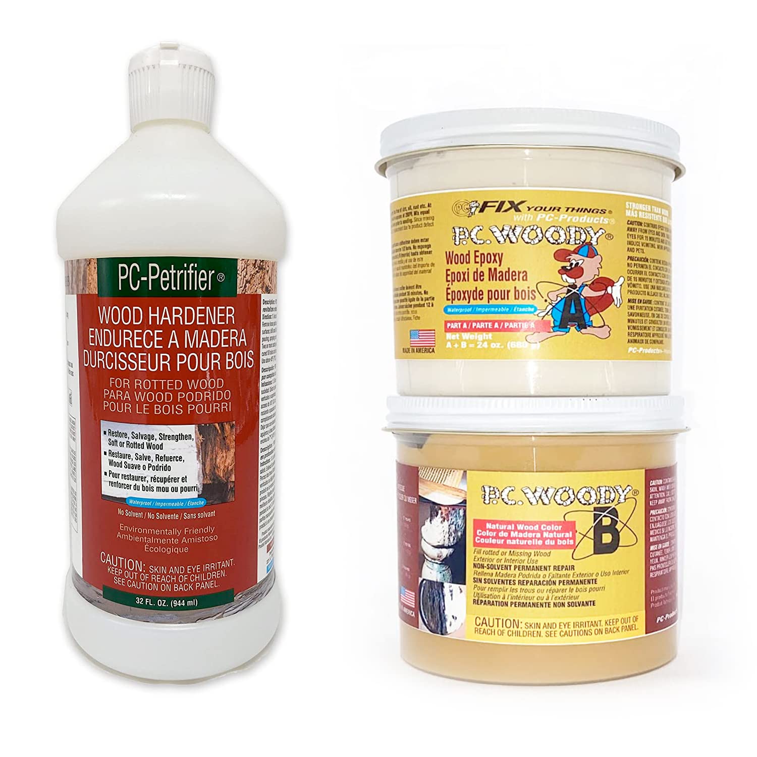 PC-Products Wood Repair Epoxy Paste & Wood Hardener Kit - PC-Woody 24oz & PC-Petrifier 32oz for Furniture Restoration, Deck Repair & DIY Wood Projects
