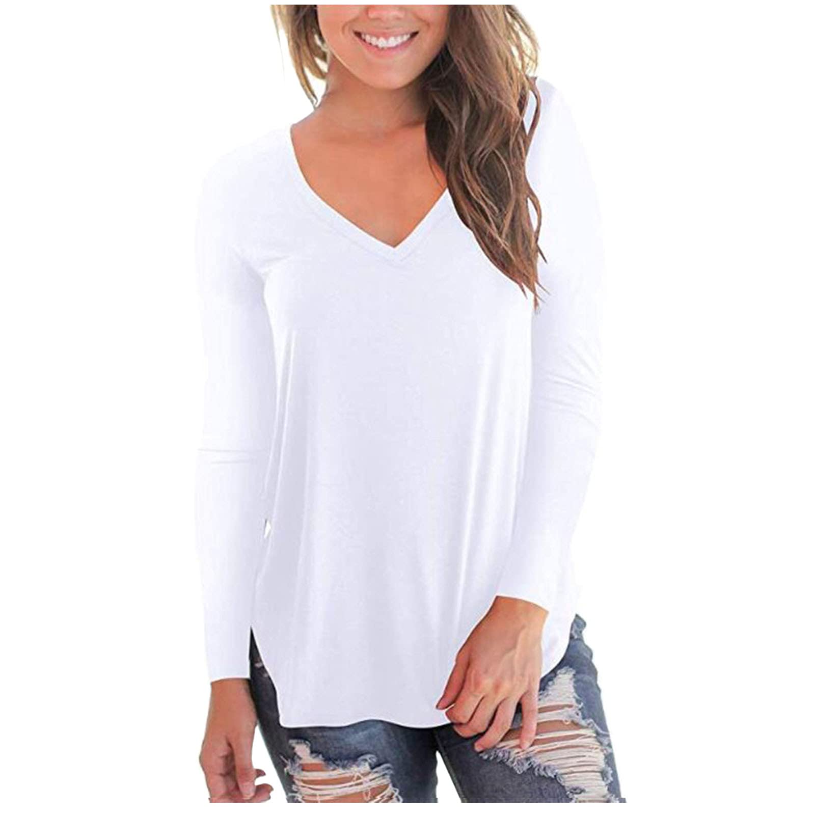 Women's Casual Long Sleeve V-Neck T-Shirts - Solid Color Loose Fit Basic Tops for Fall | Comfortable Everyday Wear, Layering, Office & Weekend Outfits