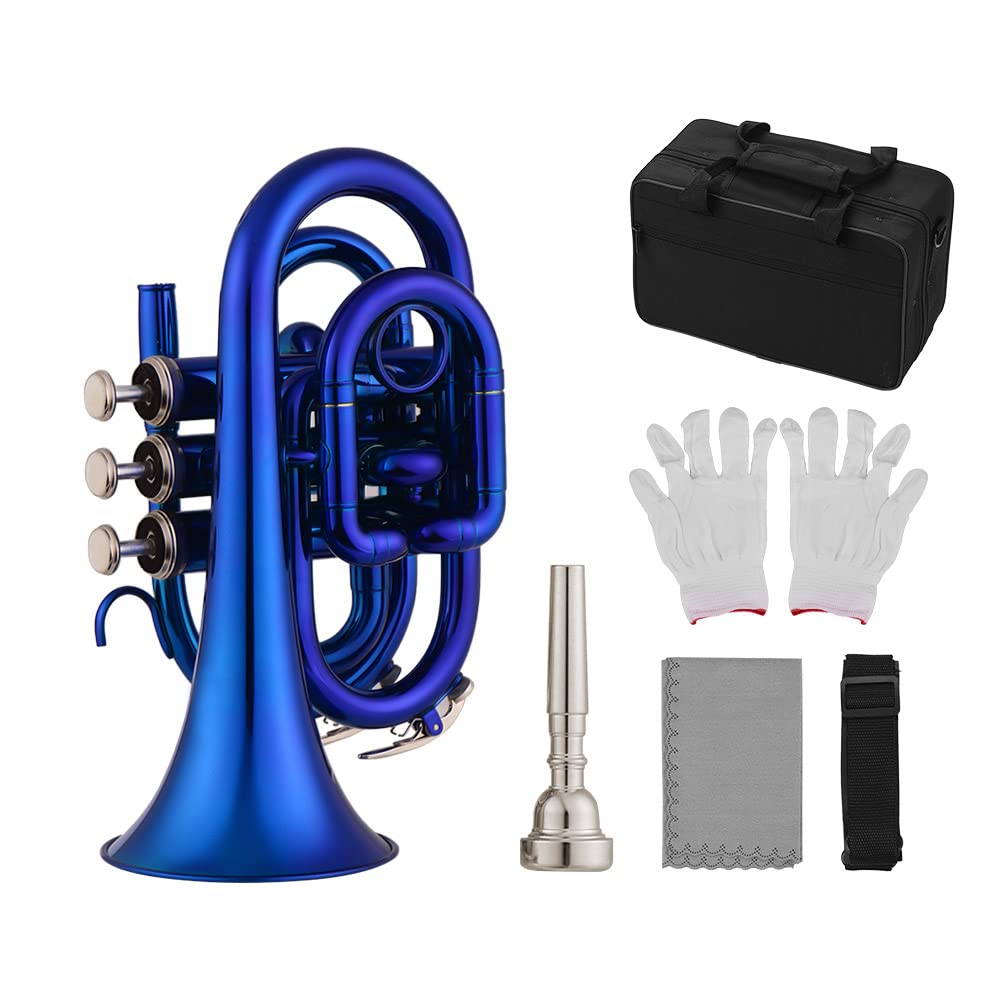 Portable Bb Pocket Trumpet - Compact Brass Wind Instrument with Mouthpiece, Gloves, Cleaning Cloth & Carrying Case | Perfect for Travel, Practice & Beginner Musicians